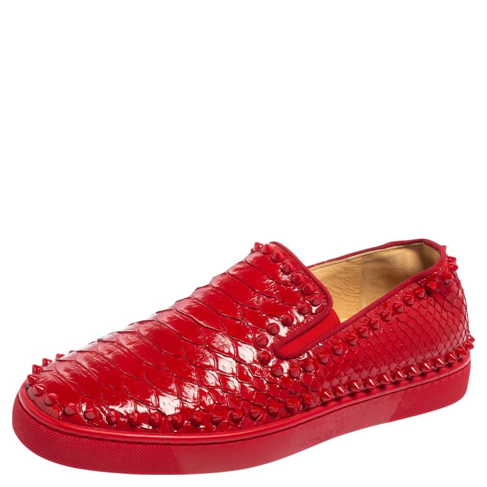 Christian Louboutin Red Python Roller Boat Spiked Slip On Sneakers Size 40
