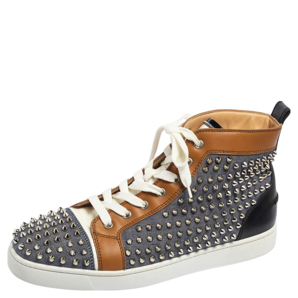 Christian Louboutin Tricolor Denim and Leather Louis Spikes High Top Sneakers Size 44