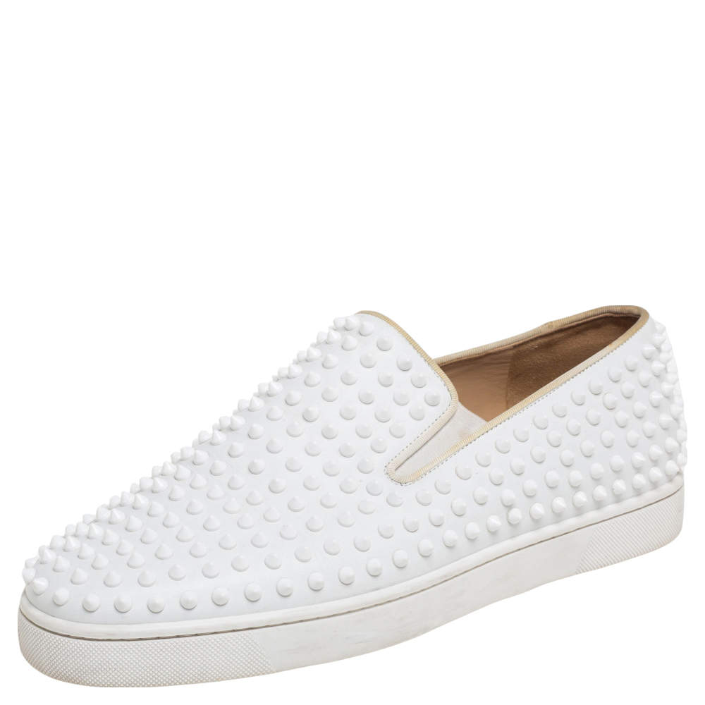 Pre Owned Christian Louboutin White Leather Roller Boat Spike Slip On Sneakers Size 45