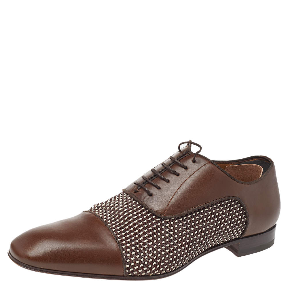 Pre Owned Christian Louboutin Brown Woven Leather Greggo Lace Up Oxford Size 42
