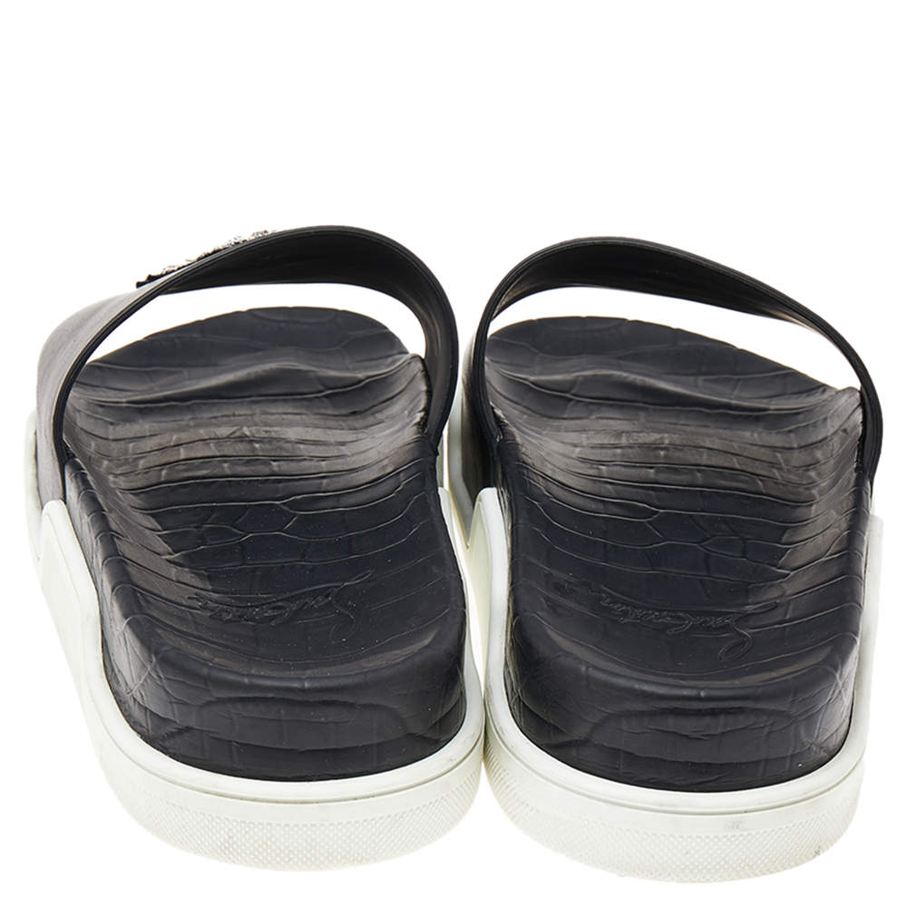 Christian Louboutin Black Leather Crest Slide Sandals Size 46