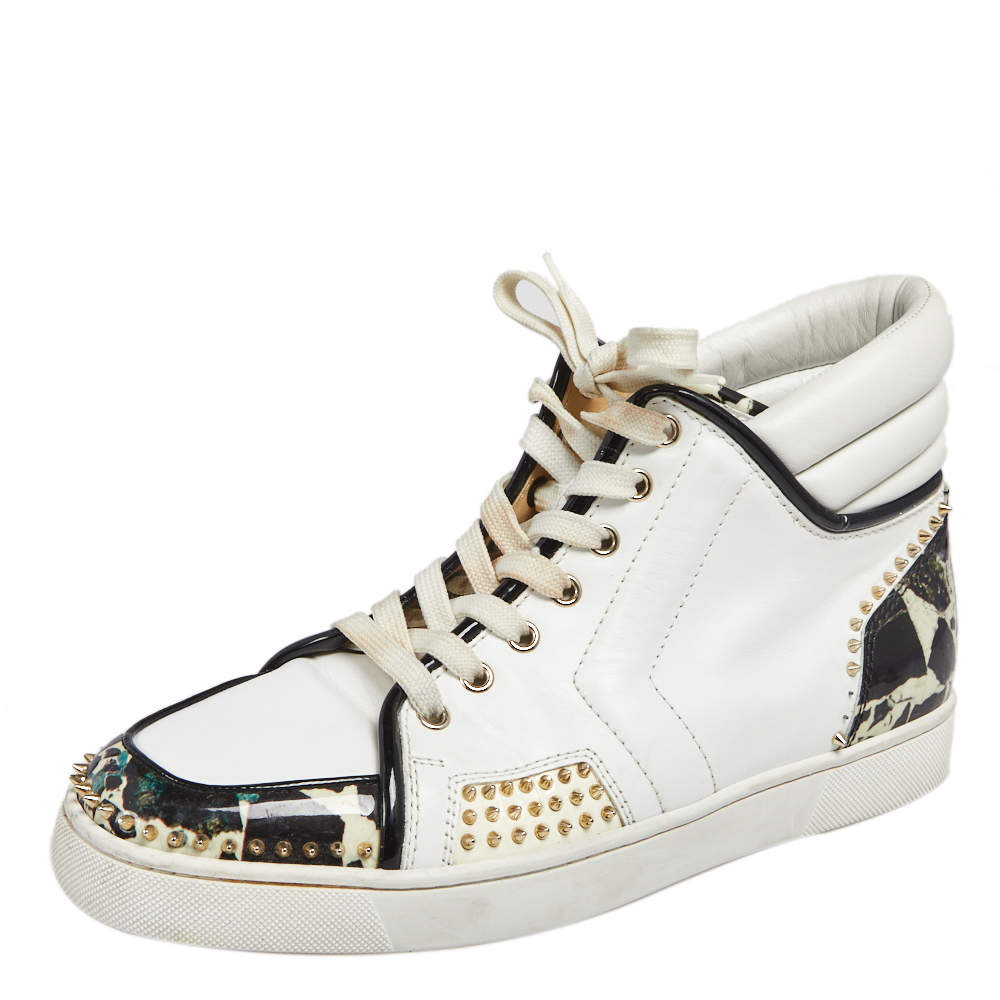 Christian Louboutin White/Black Leather & Patent Leather Sporty Dude High Top Sneakers Size 42
