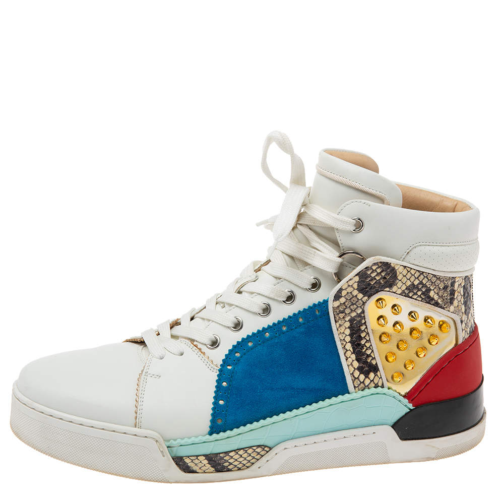 Pre Owned حذاء رياضي كريستيان لوبوتان لوبيكيك حافة جلد ثعبان وسويدي وجلد متعدد الألوان مرتفع من أعلى مقاس 43