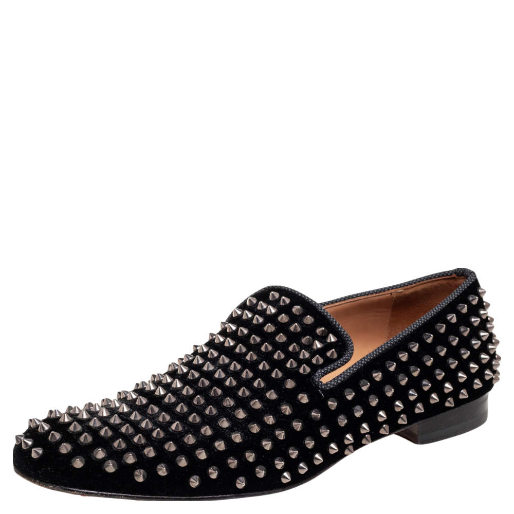 Pre Owned Christian Louboutin Black Velvet Rollerboy Spikes Smoking Slippers Size 44.5