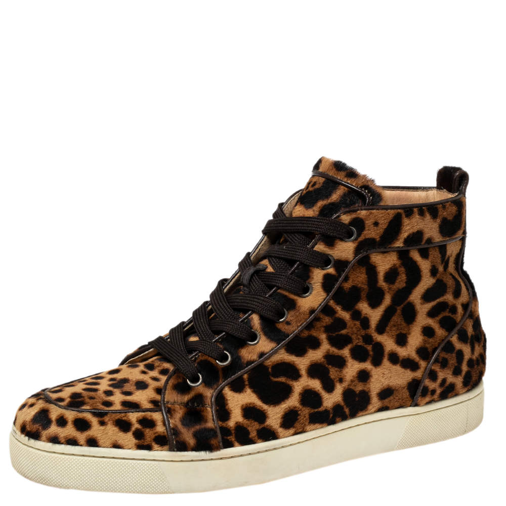 مملوكة مسبقًا حذاء رياضي كريستيان لوبوتان رانتوس أورلاتو جلد بنقشة الفهد بني بعنق مرتفع مقاس 43