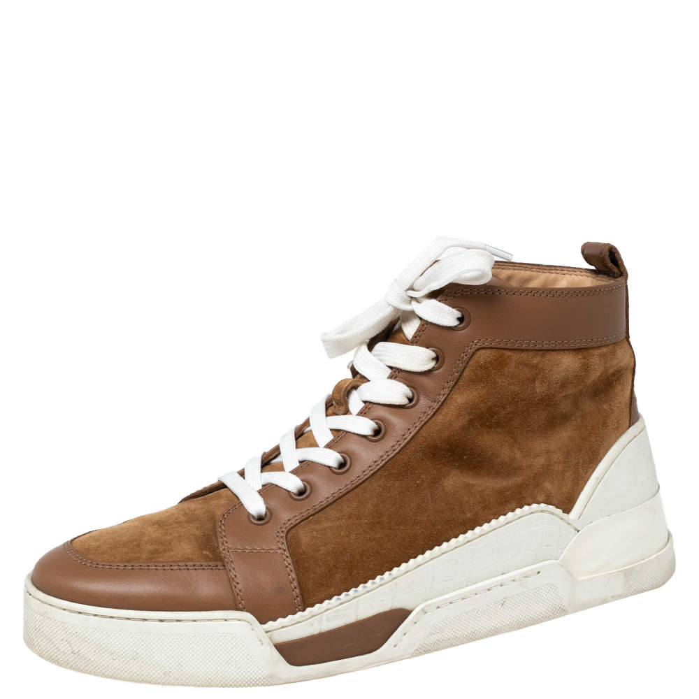 مملوكة مسبقًا Christian Louboutin Brown Suede And Leather High Top Sneakers Size 41.5