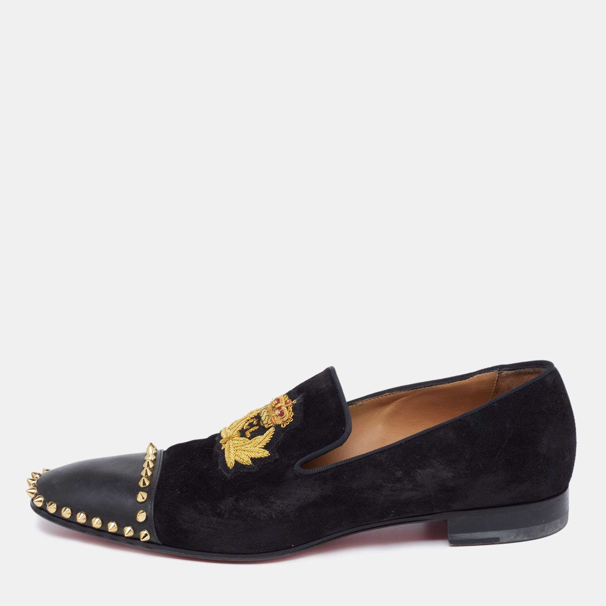 Pre Owned Christian Louboutin Black Suede and Leather Captain Loubi Spiked Smoking Slippers Size 42