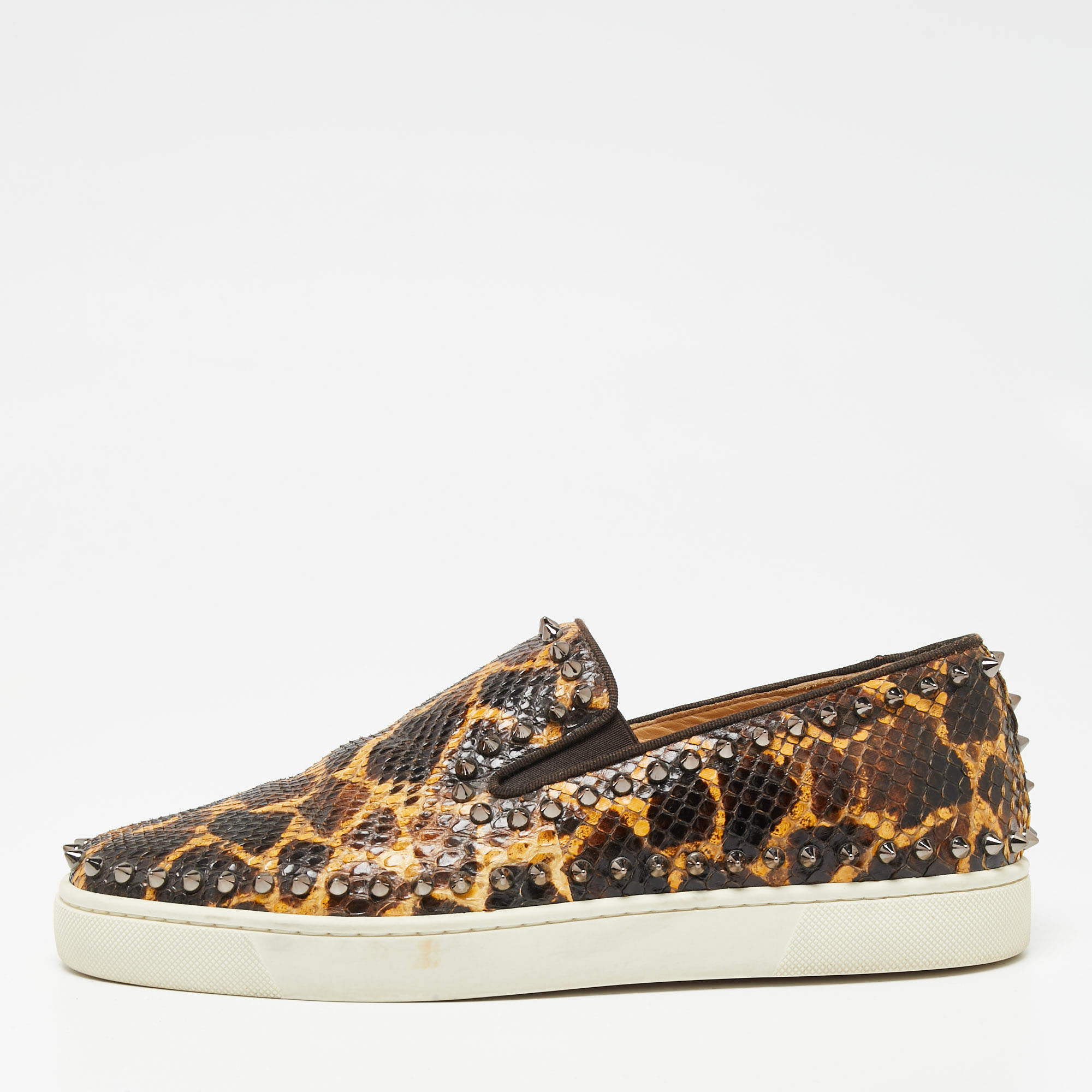 Christian Louboutin Brown/Beige Leopard Print Python Leather Spike Slip-On Sneakers Size 42