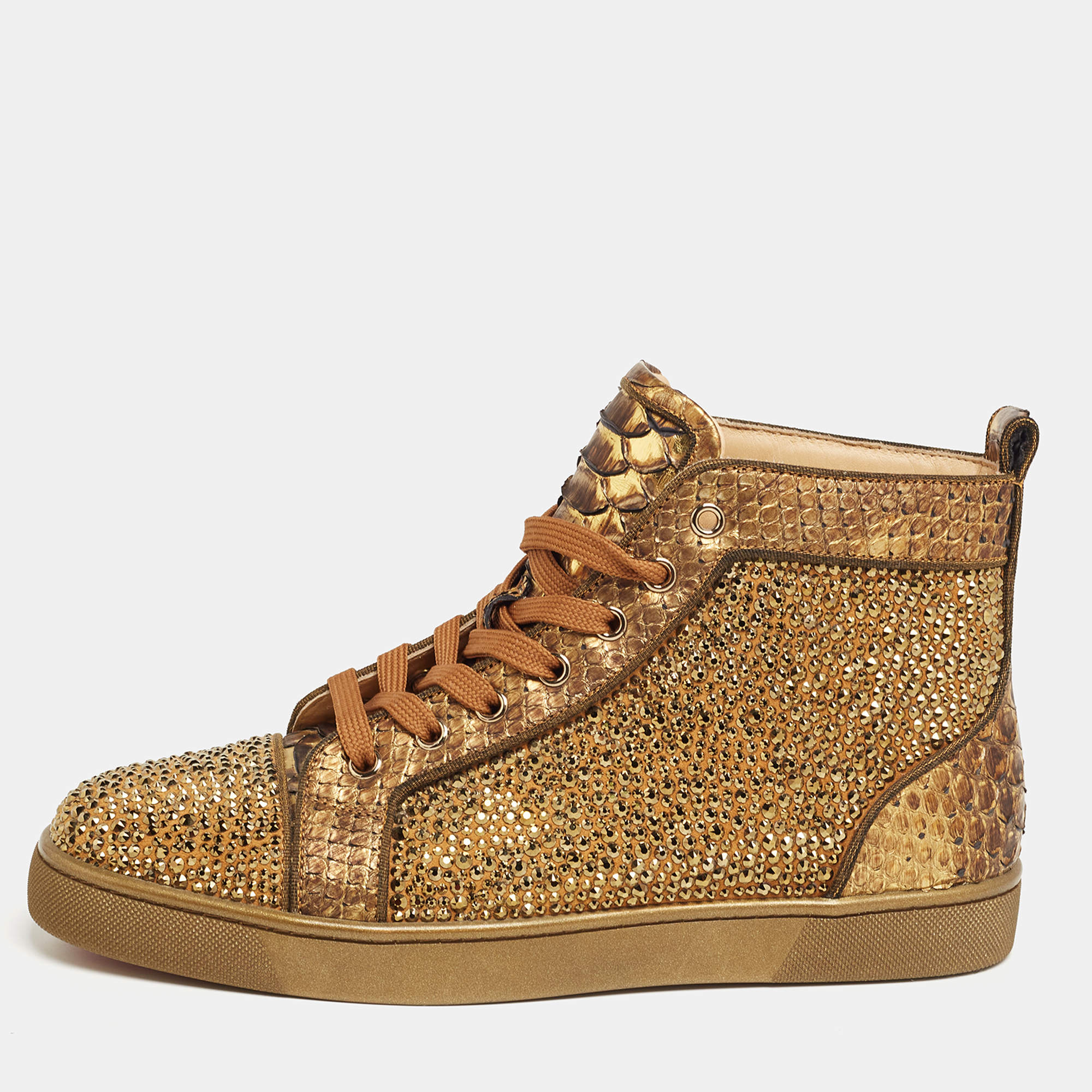 Christian Louboutin Bronze Python Leather and Crystal Embellished Suede Louis Orlato High-Top Sneakers Size 41