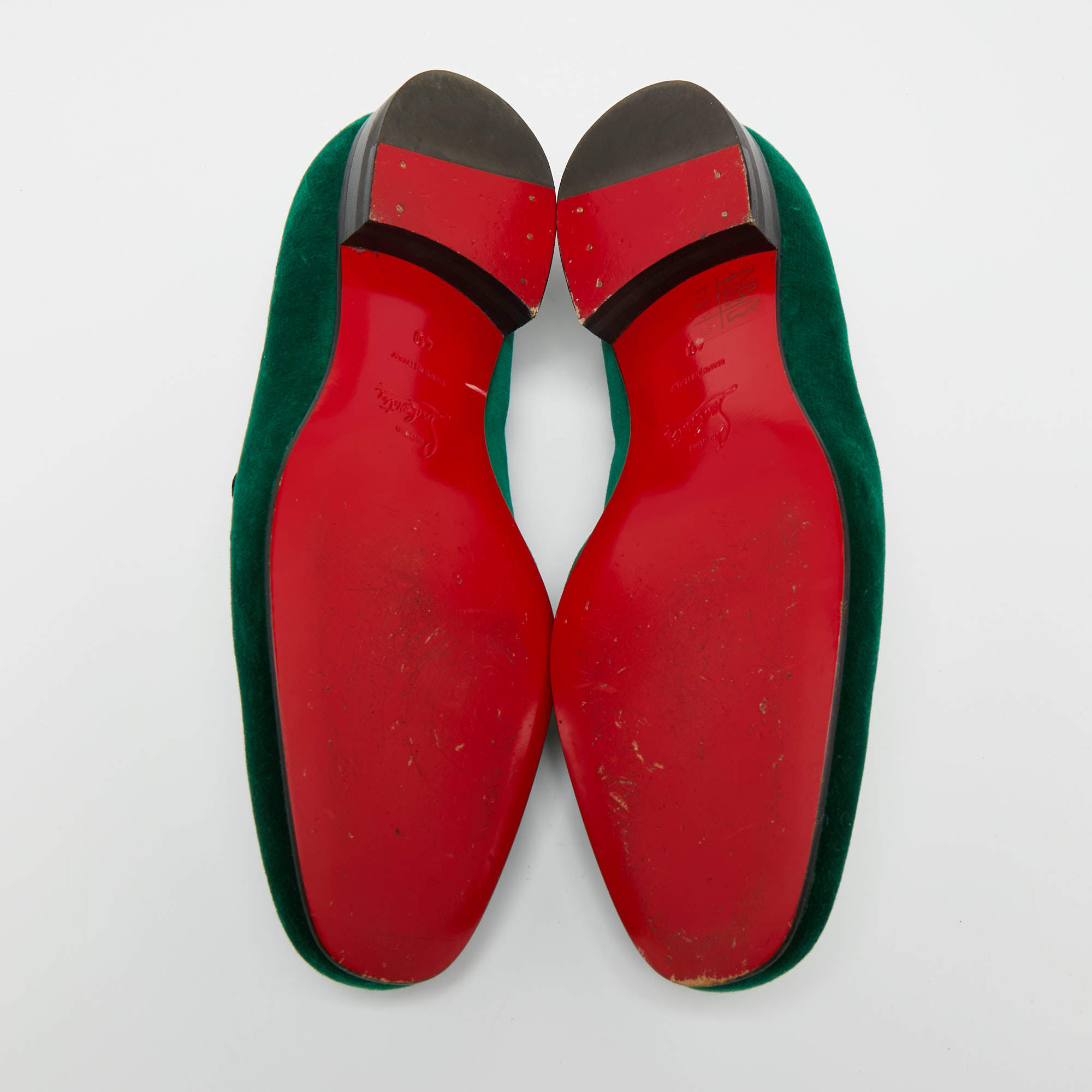 Pre Owned Christian Louboutin Green Velvet Dandelion Loafers Size 40 