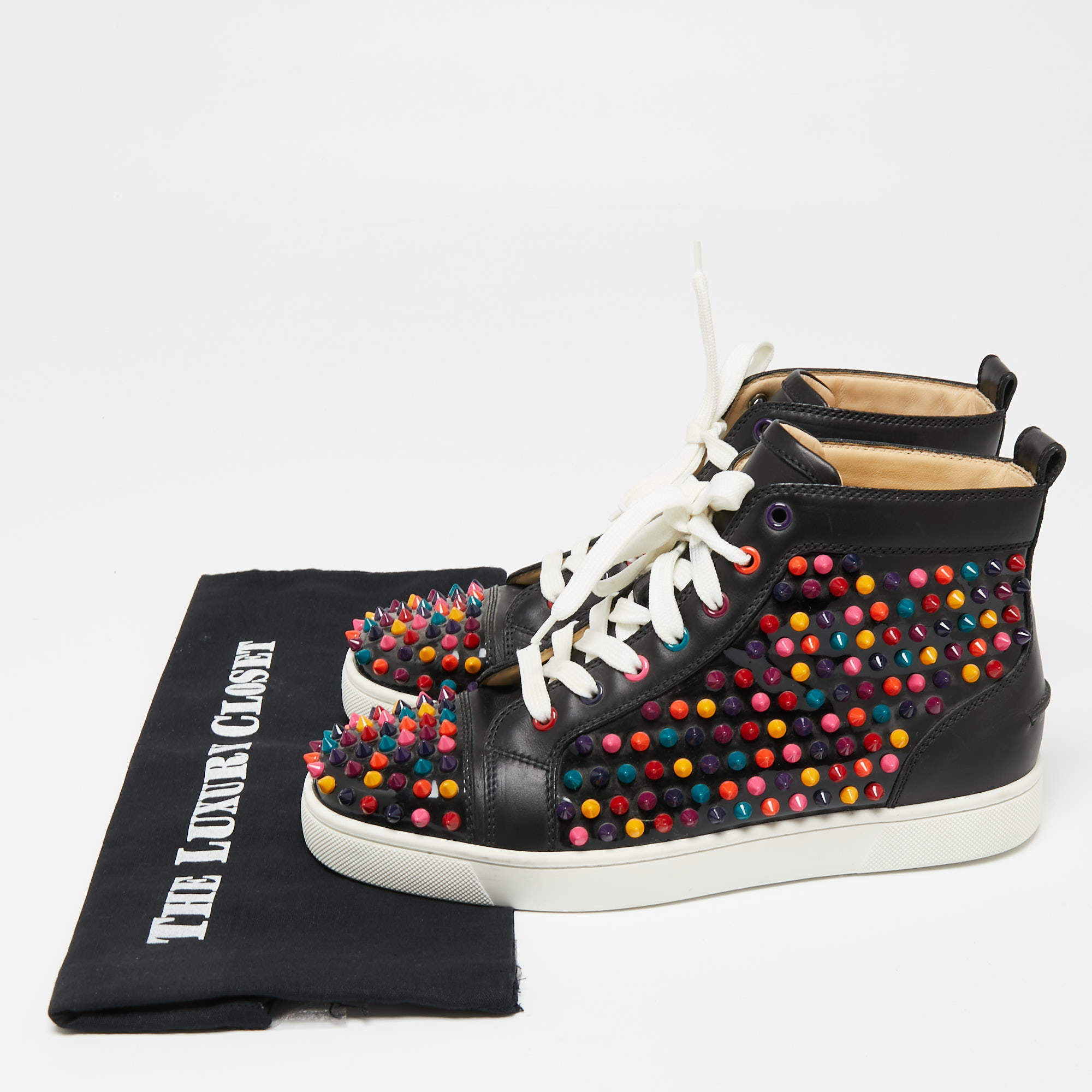 Christian Louboutin Black Leather Multicolor Spikes High-Top Sneakers Size  12/42.5 - Yoogi's Closet