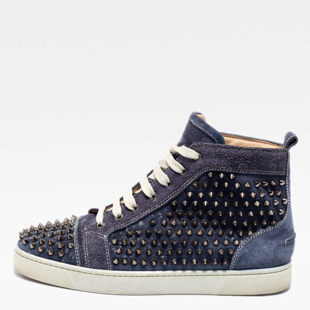 Pre Owned Christian Louboutin  Blue  Suede Louis Junior Spikes  High Top Sneakers Size 42