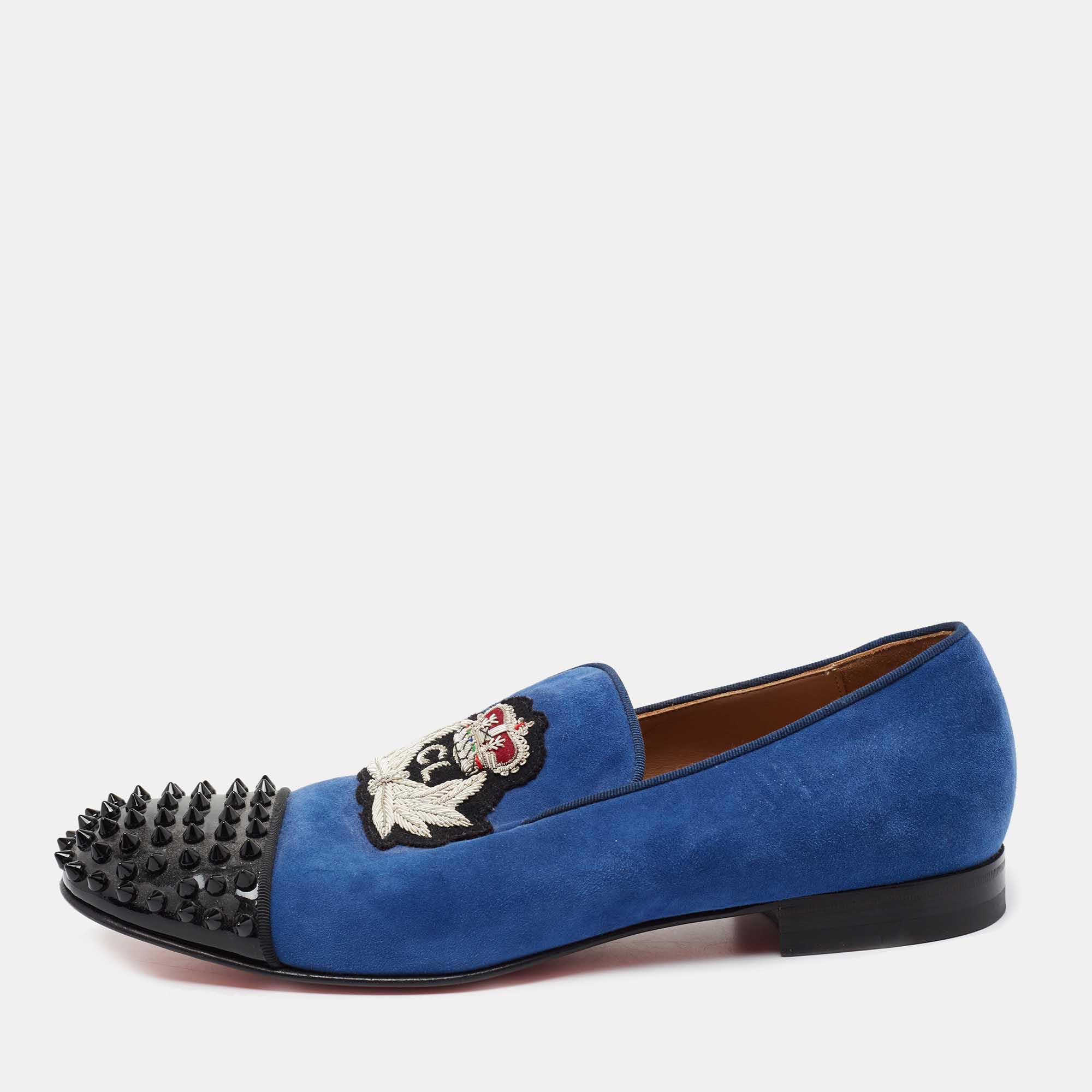 Christian Louboutin Blue/Black Suede and Patent Leather Harvanana Spiked Smoking Slippers Size 42