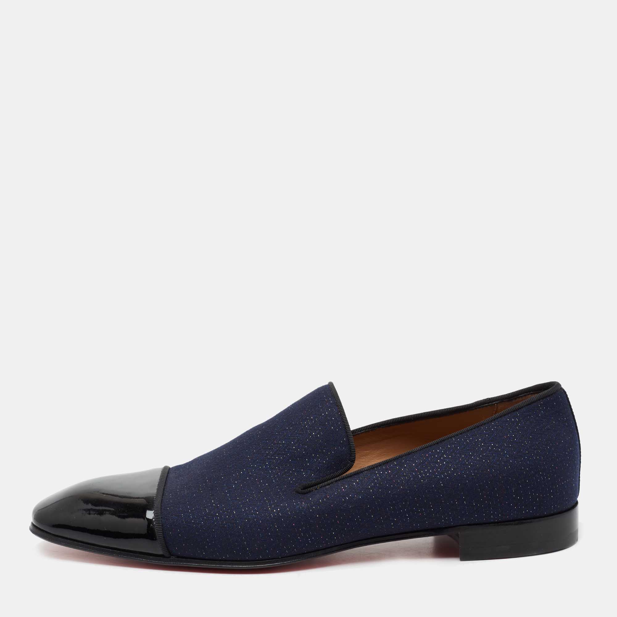 مملوكة مسبقًا Christian Louboutin Indigo Blue/Black Fabric and Patent Leather Dandelion Cap Toe Smoking Slipper Size 43.5