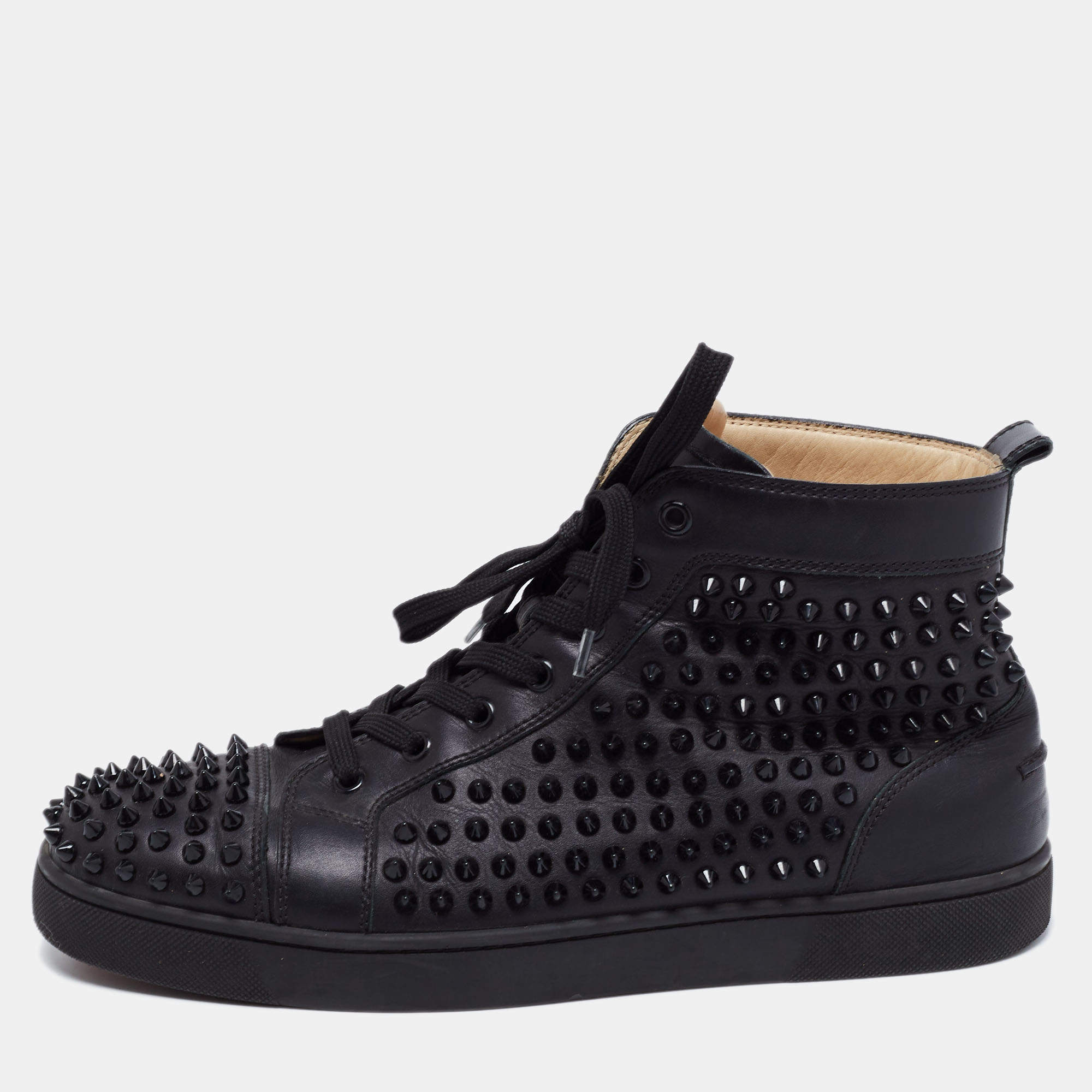 Pre Owned Christian Louboutin Black Leather Louis Spikes High Top Sneakers Size 42.5