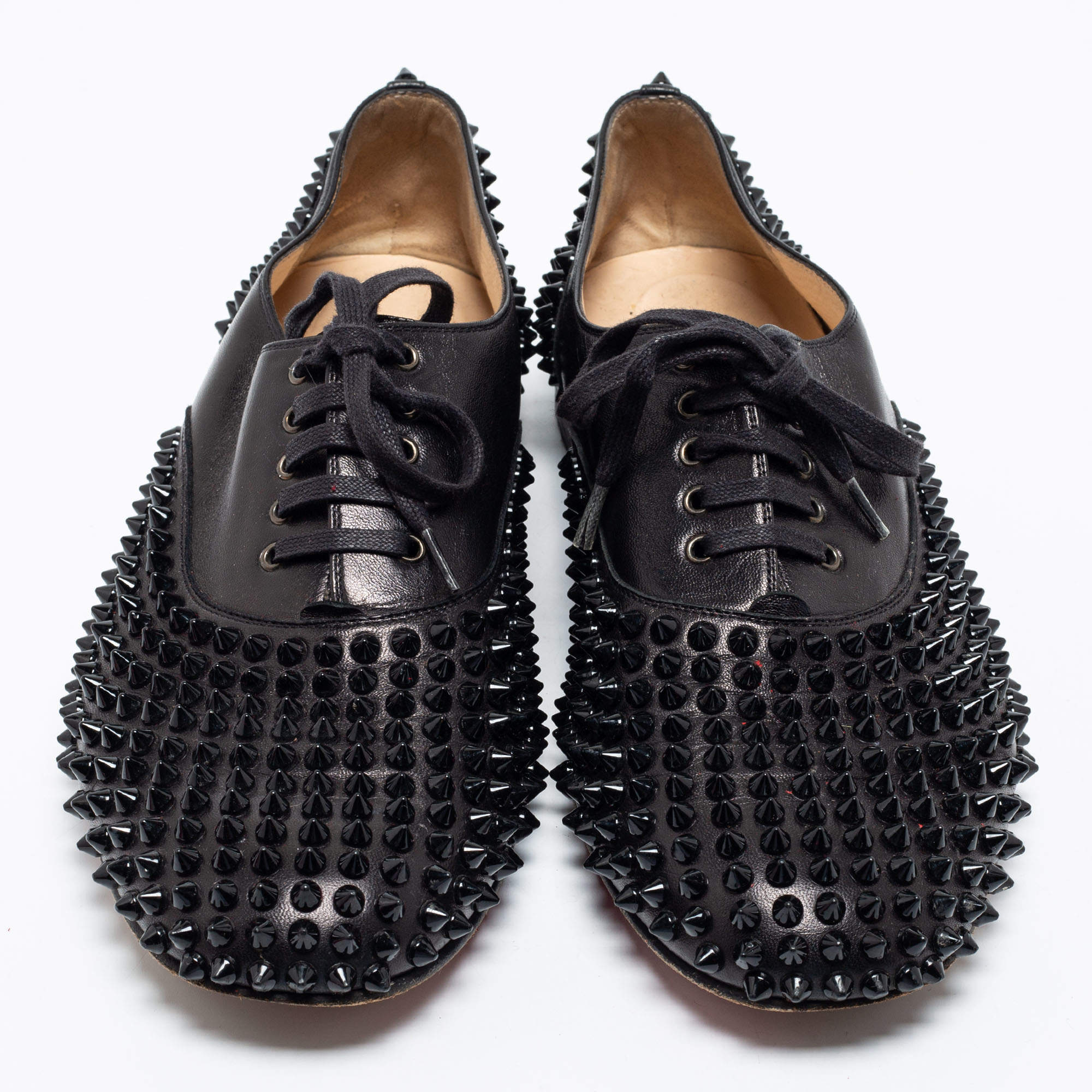 Pre Owned Christian Louboutin Black Leather Freddy Spikes Oxfords Size 41.5