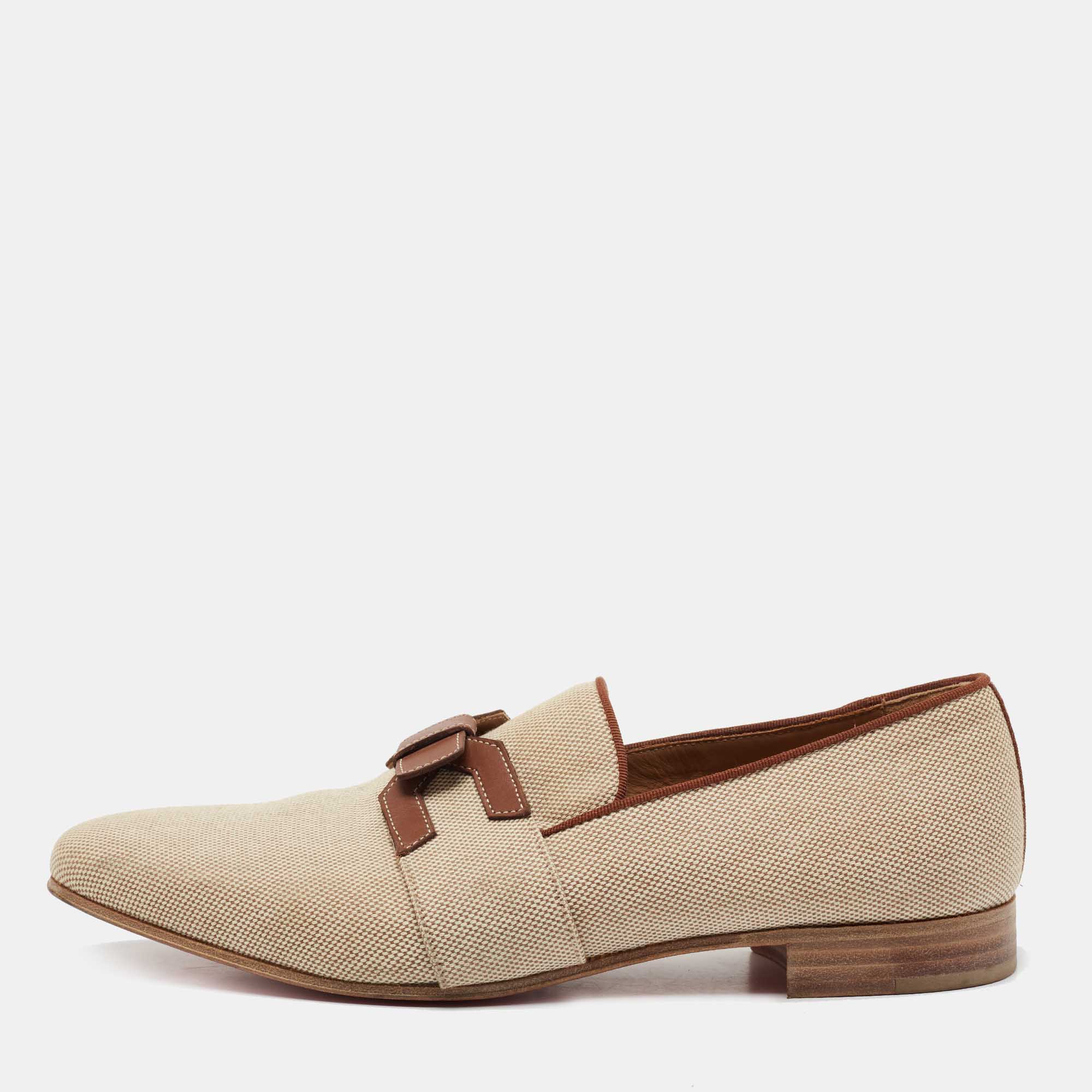 Christian Louboutin Beige/Brown Woven Fabric and Leather Smoking Slippers Size 41