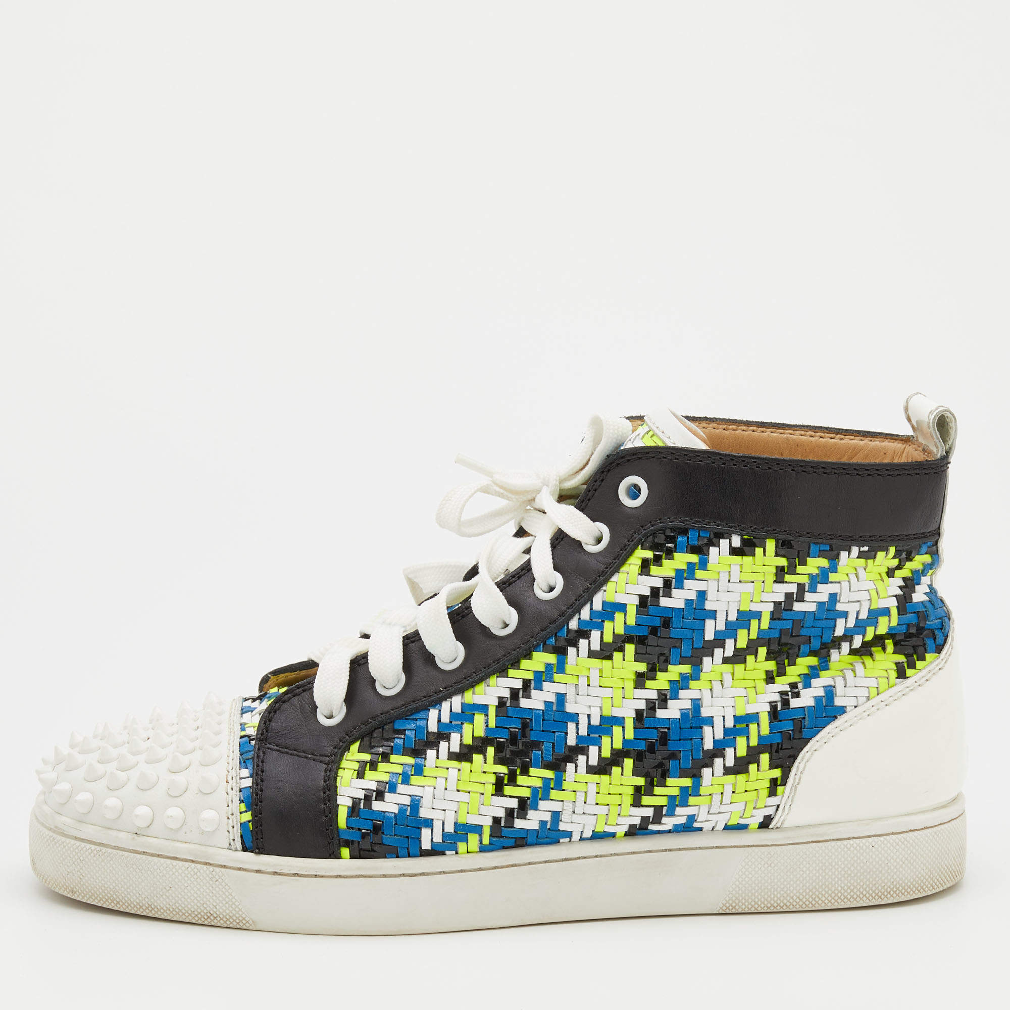 Christian Louboutin Multicolor Woven Leather Louis Spikes Cap Toe High Top Sneakers Size 41.5