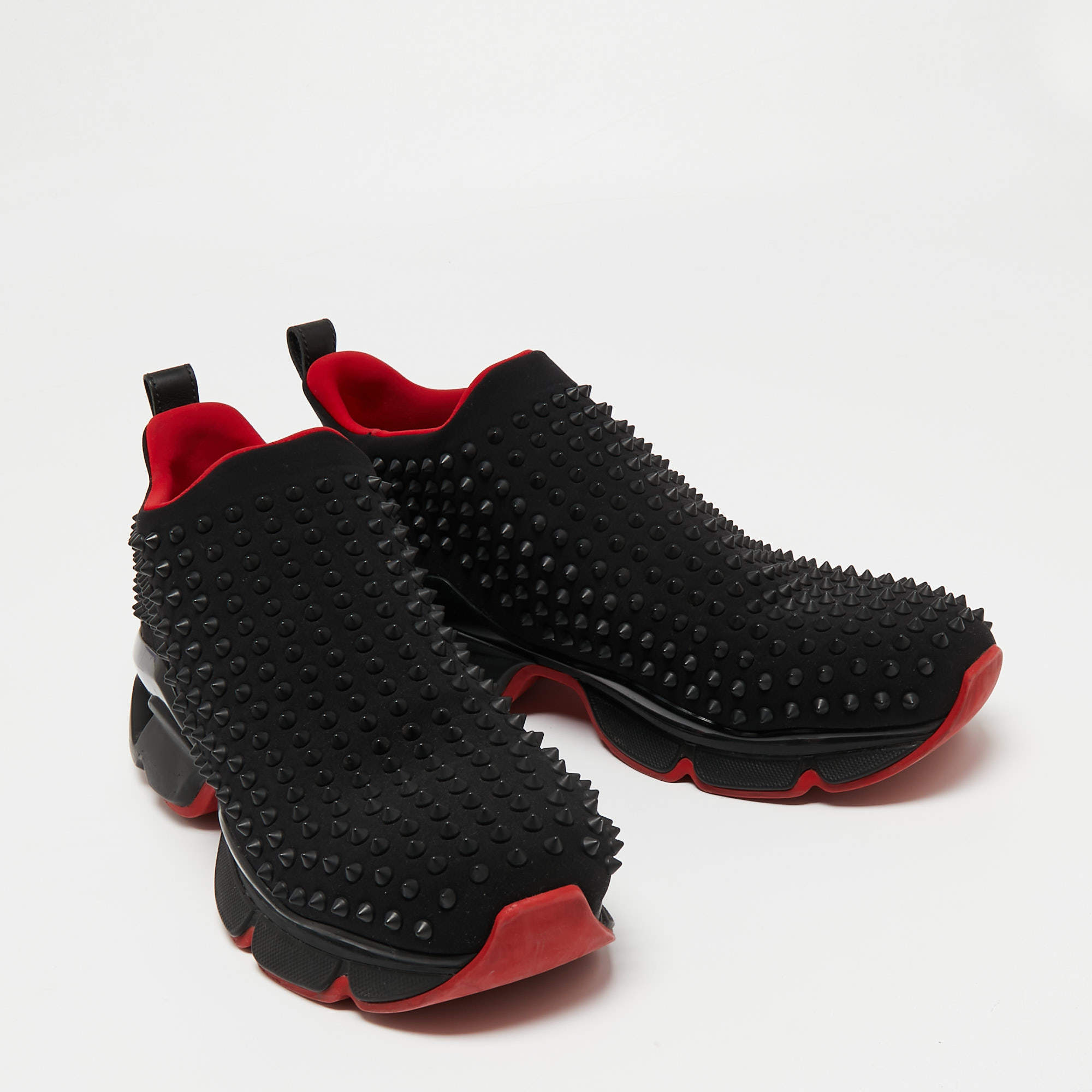Pre Owned Christian Louboutin Black Neoprene Spike Sock Slip-On Sneakers Size 46