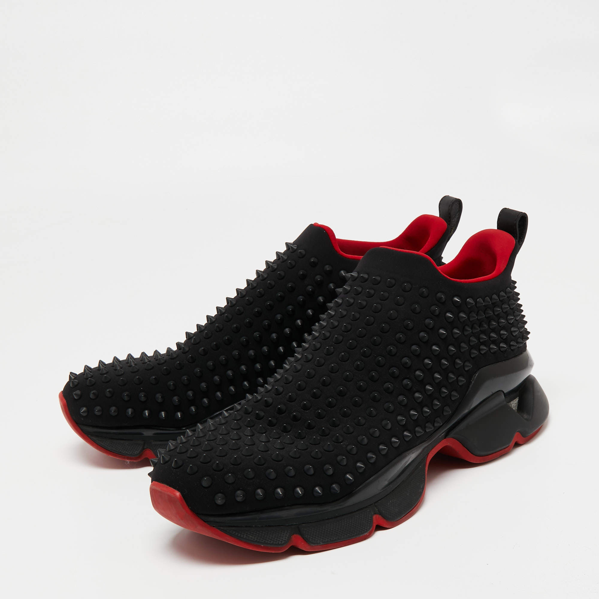 Pre Owned Christian Louboutin Black Neoprene Spike Sock Slip-On Sneakers Size 46