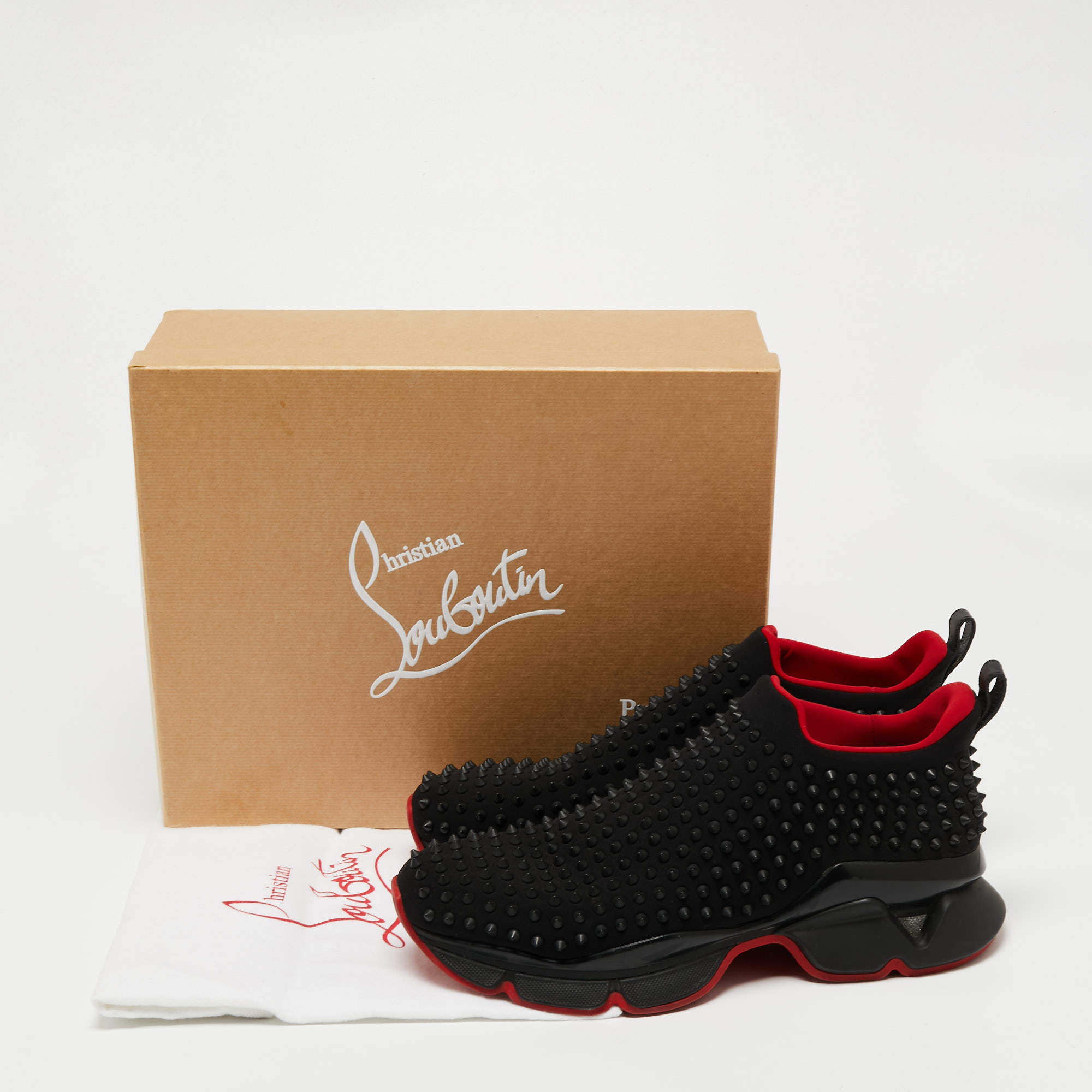 Pre Owned Christian Louboutin Black Neoprene Spike Sock Slip-On Sneakers Size 46