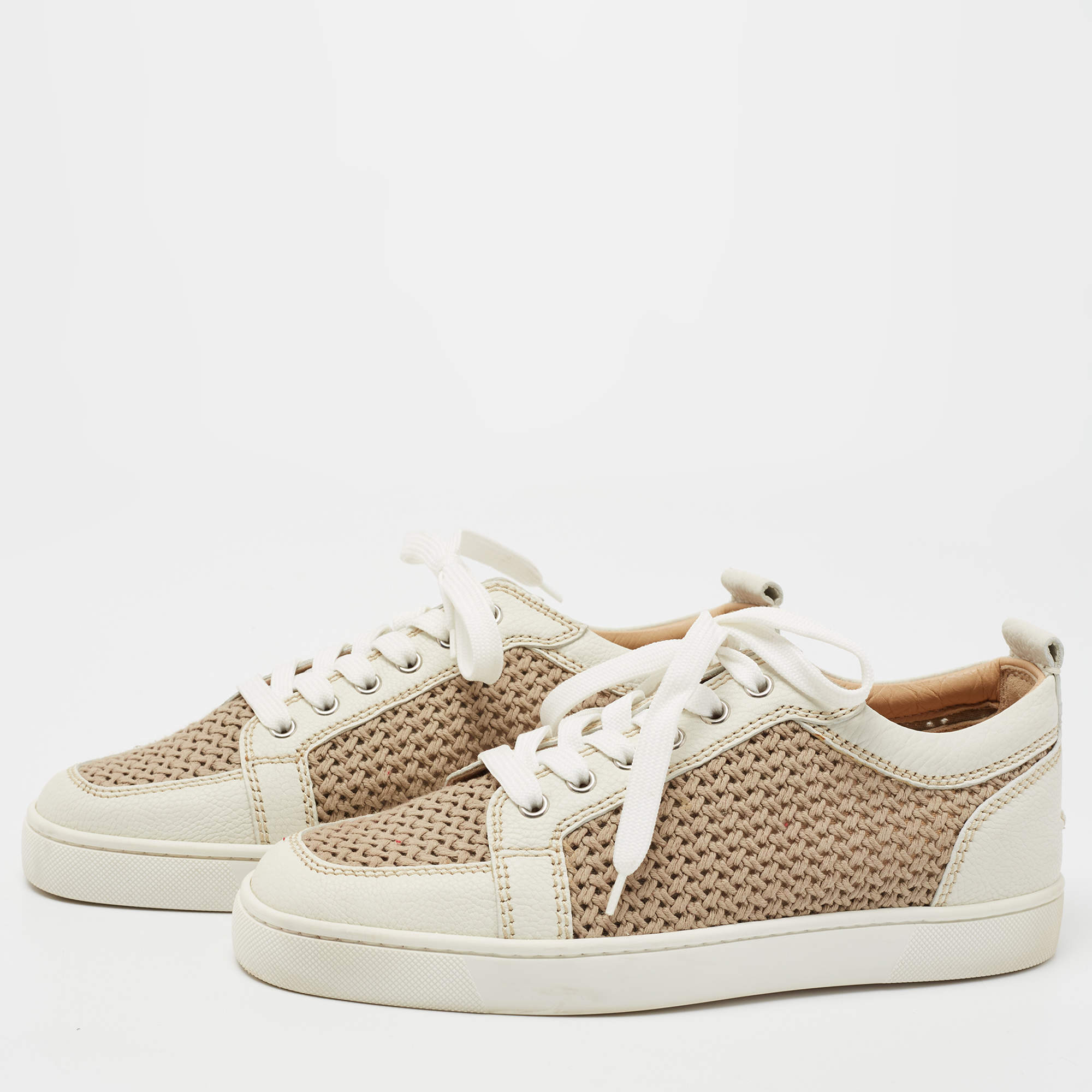 Christian Louboutin White Brown Leather and Woven Fabric Rantulow Low Top Sneakers Size 40 Christian Louboutin TLC