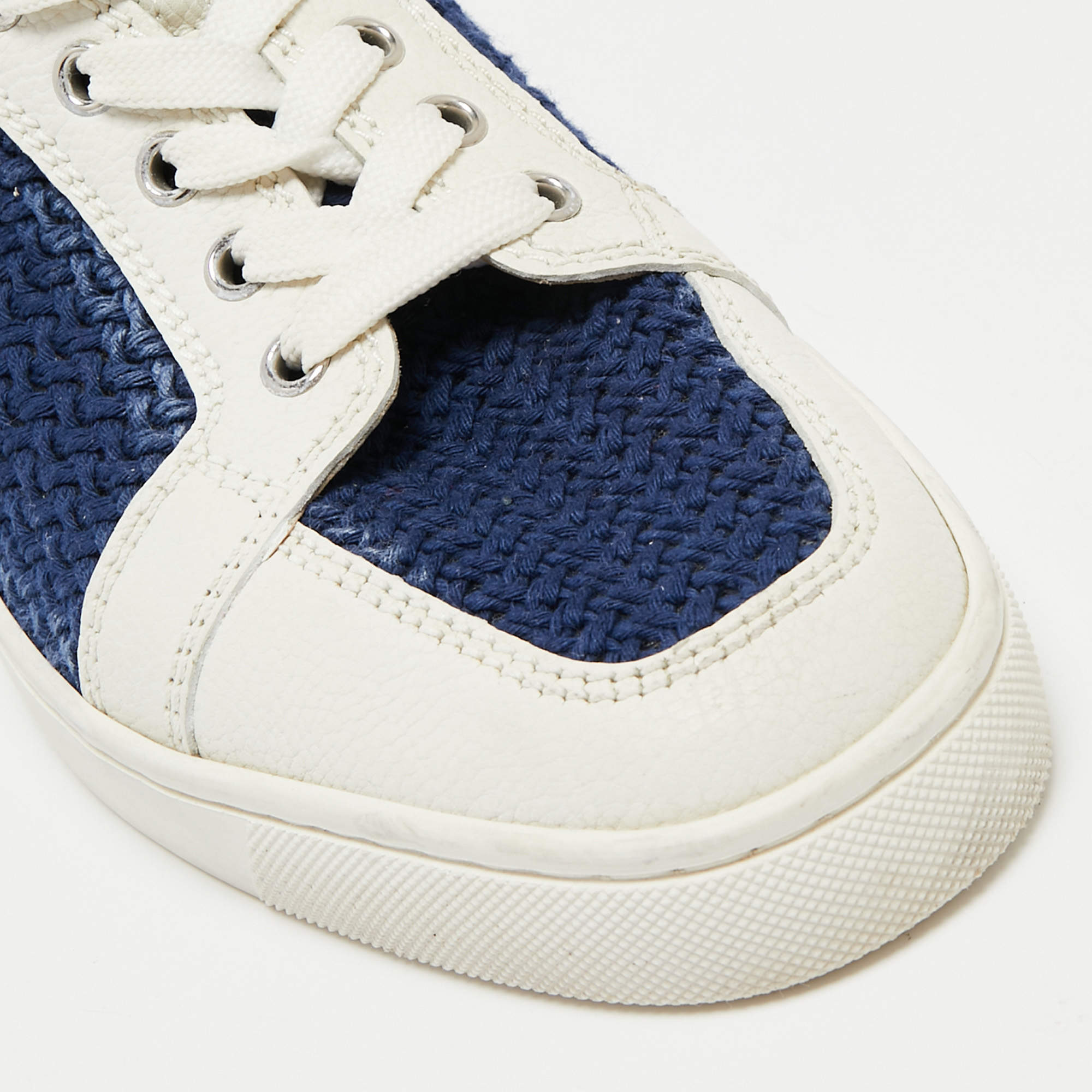 Christian Louboutin White/Navy Blue Leather and Woven Fabric