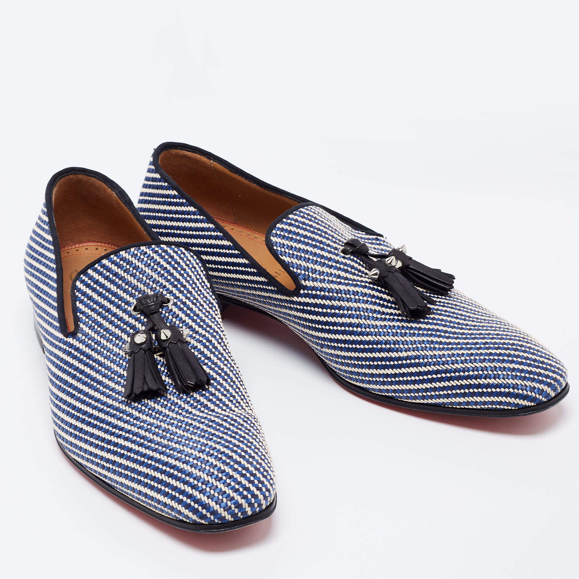Christian Louboutin White/Blue Woven Fabric Dandelion Tassel Slip On  Loafers Size 40.5