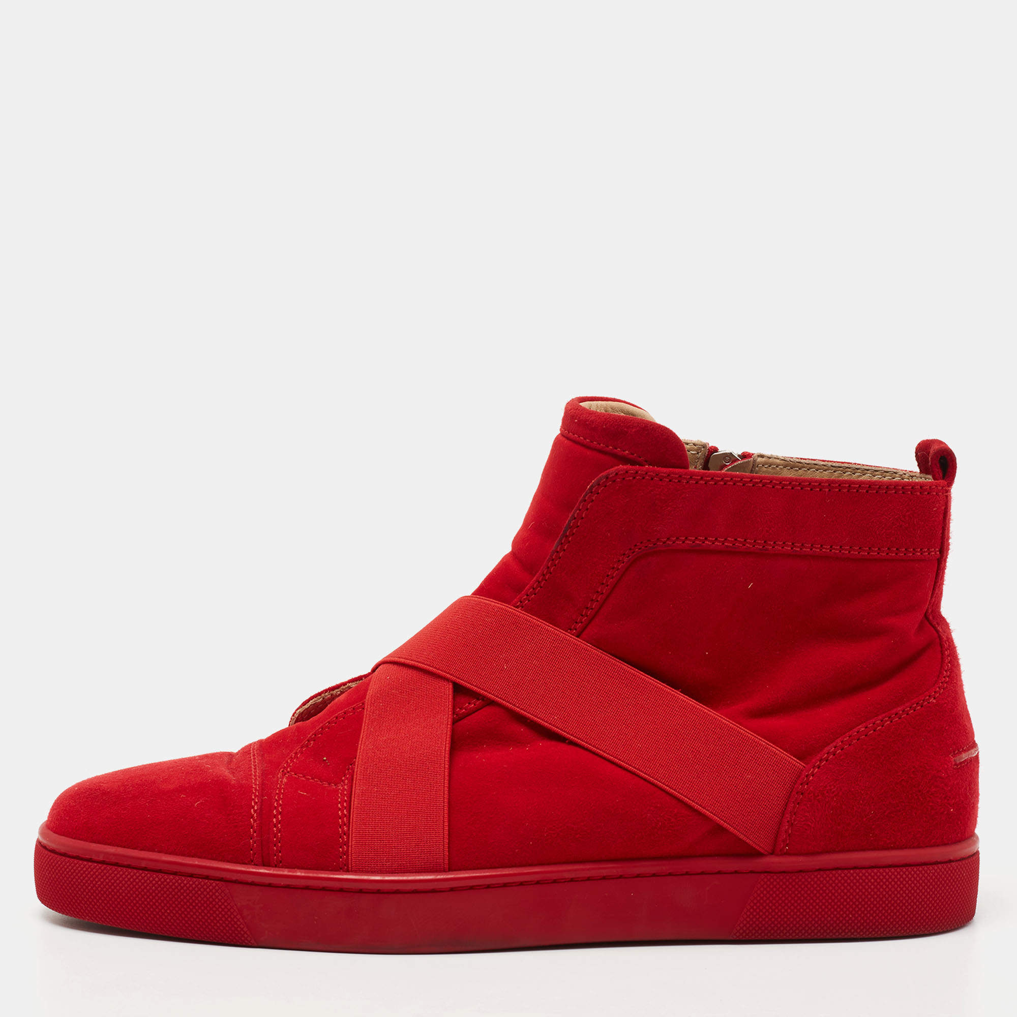 Christian Louboutin Red Suede Cross Strap High Top Sneakers Size 43.5