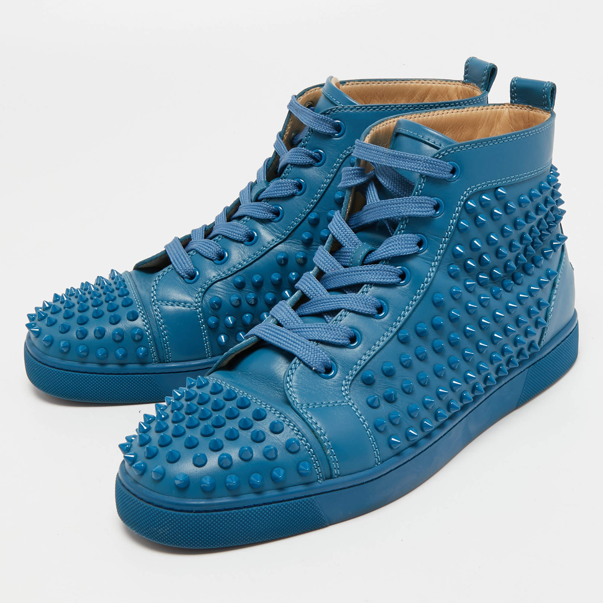 NEW CHRISTIAN LOUBOUTIN LOUIS MIX MID TOP SPIKED DENIM SHOES 45 SHOES Blue  Leather ref.801983 - Joli Closet