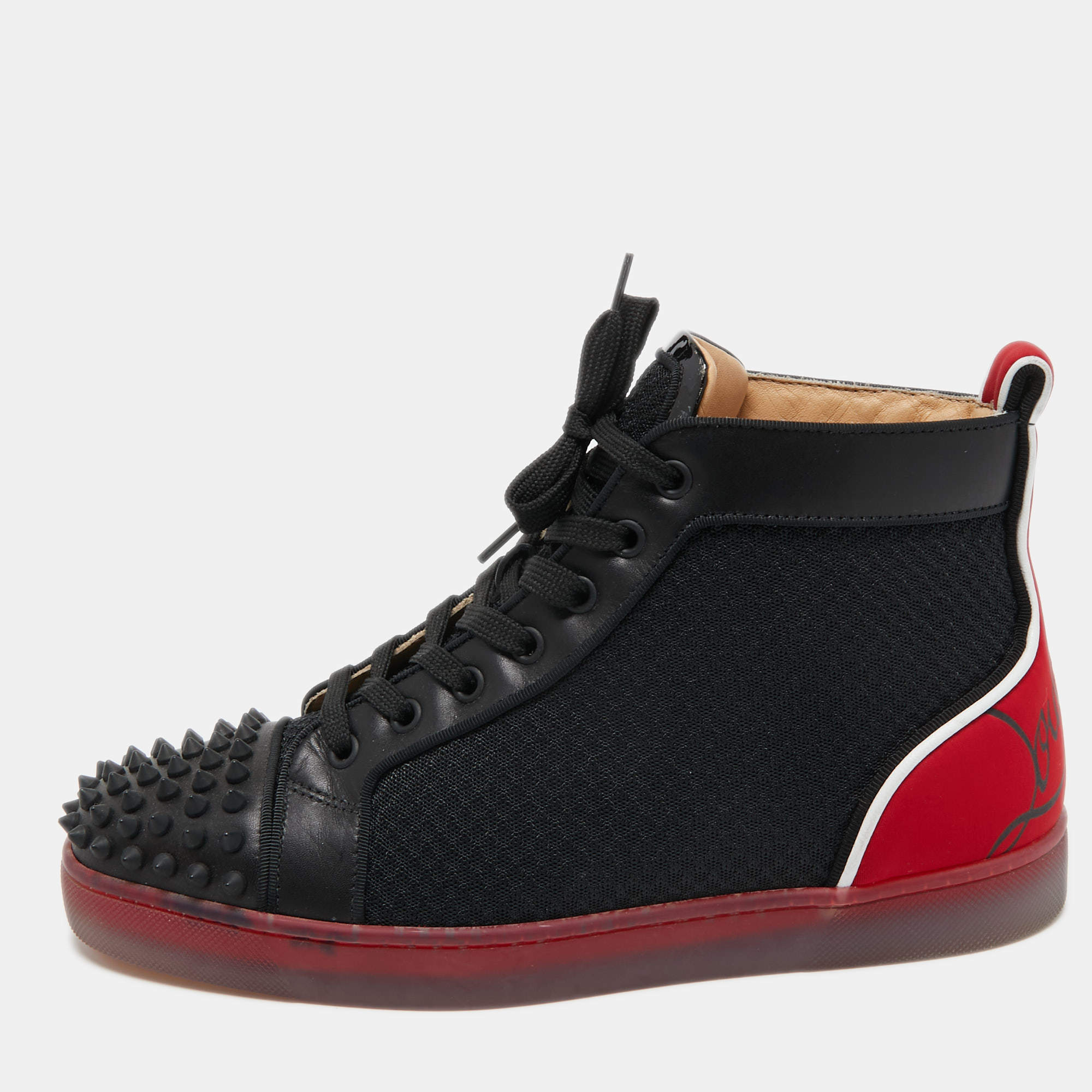 Christian Black/Red Leather, Mesh and Neoprene Louis Spikes Orlato Sneakers 40 Christian Louboutin | TLC