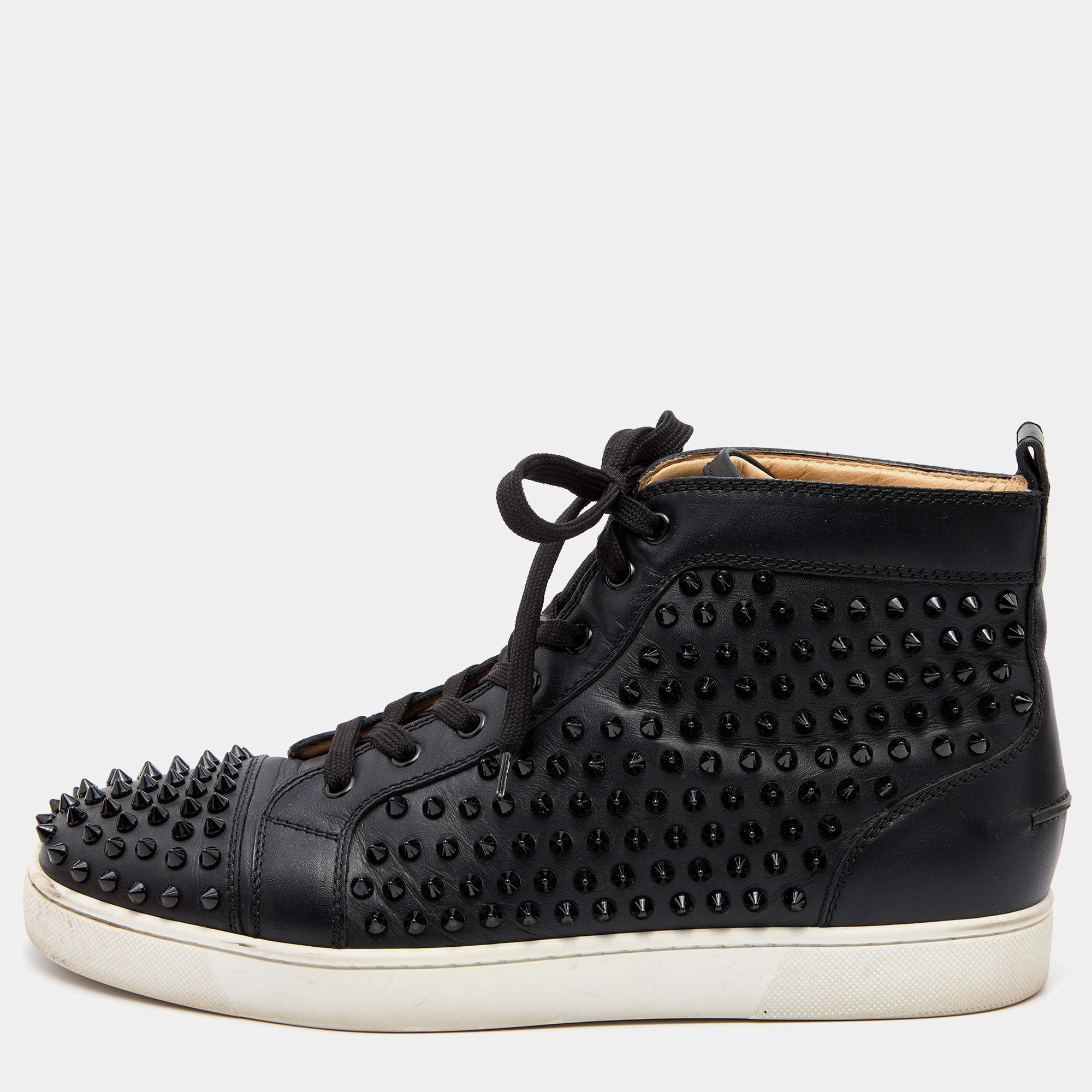 Pre Owned Christian Louboutin Black Leather Louis Junior Spikes High Top Sneakers Size 44