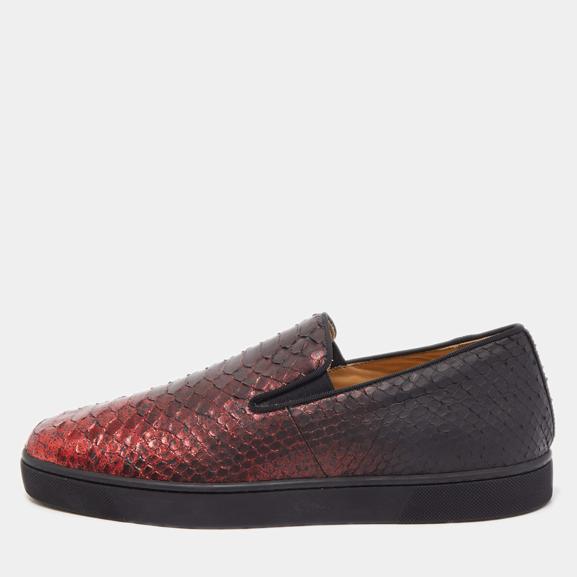 Christian Louboutin Black/Metallic Red Python Slip On Sneakers Size 43.5
