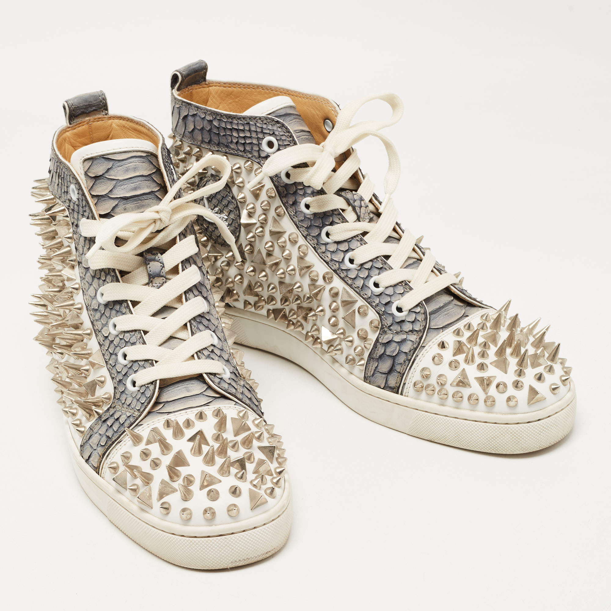 Christian Louboutin Grey/White Python and Leather Louis Spikes Sneakers  Size 43 Christian Louboutin