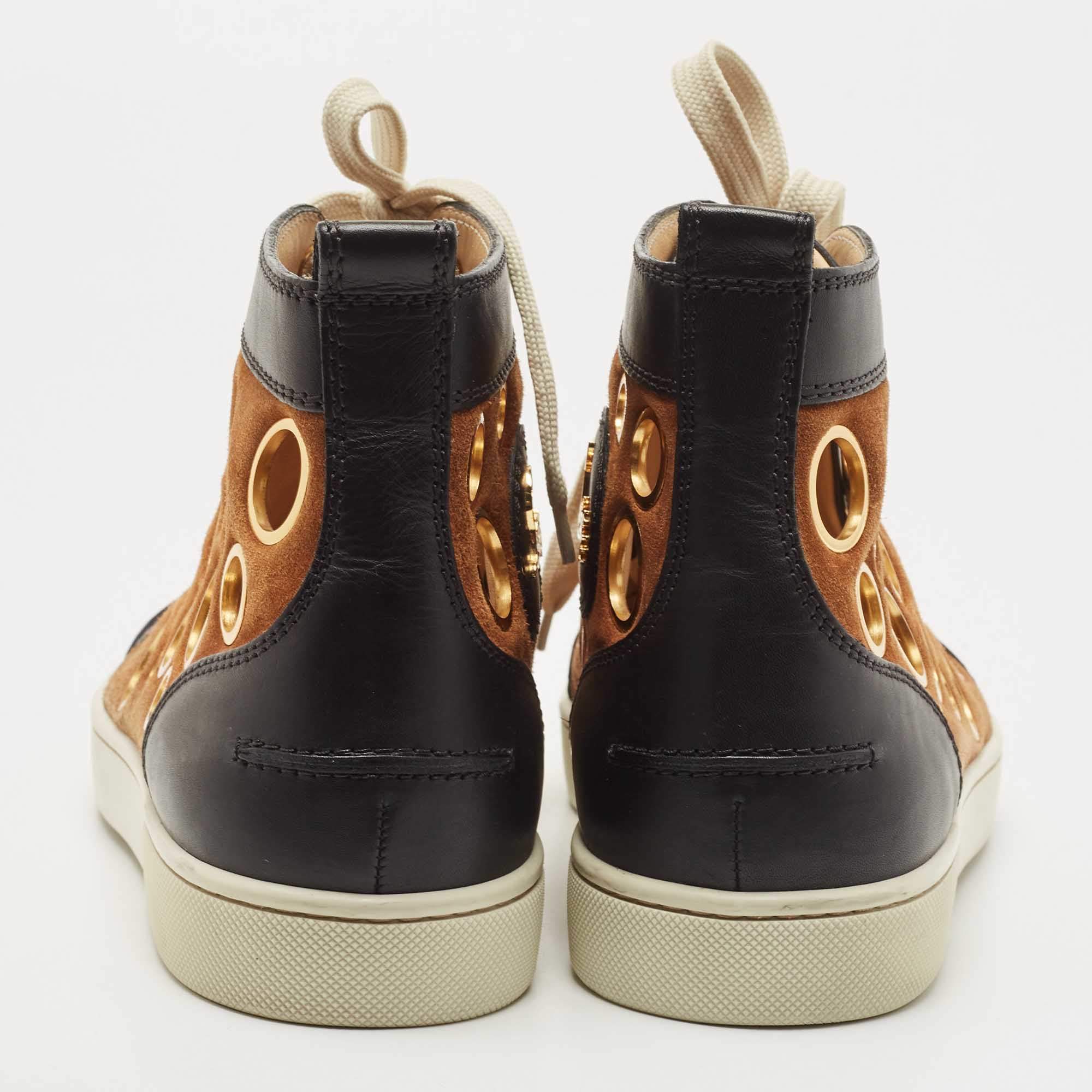 Christian Louboutin Black/Brown Leather and Suede Laser Cut High