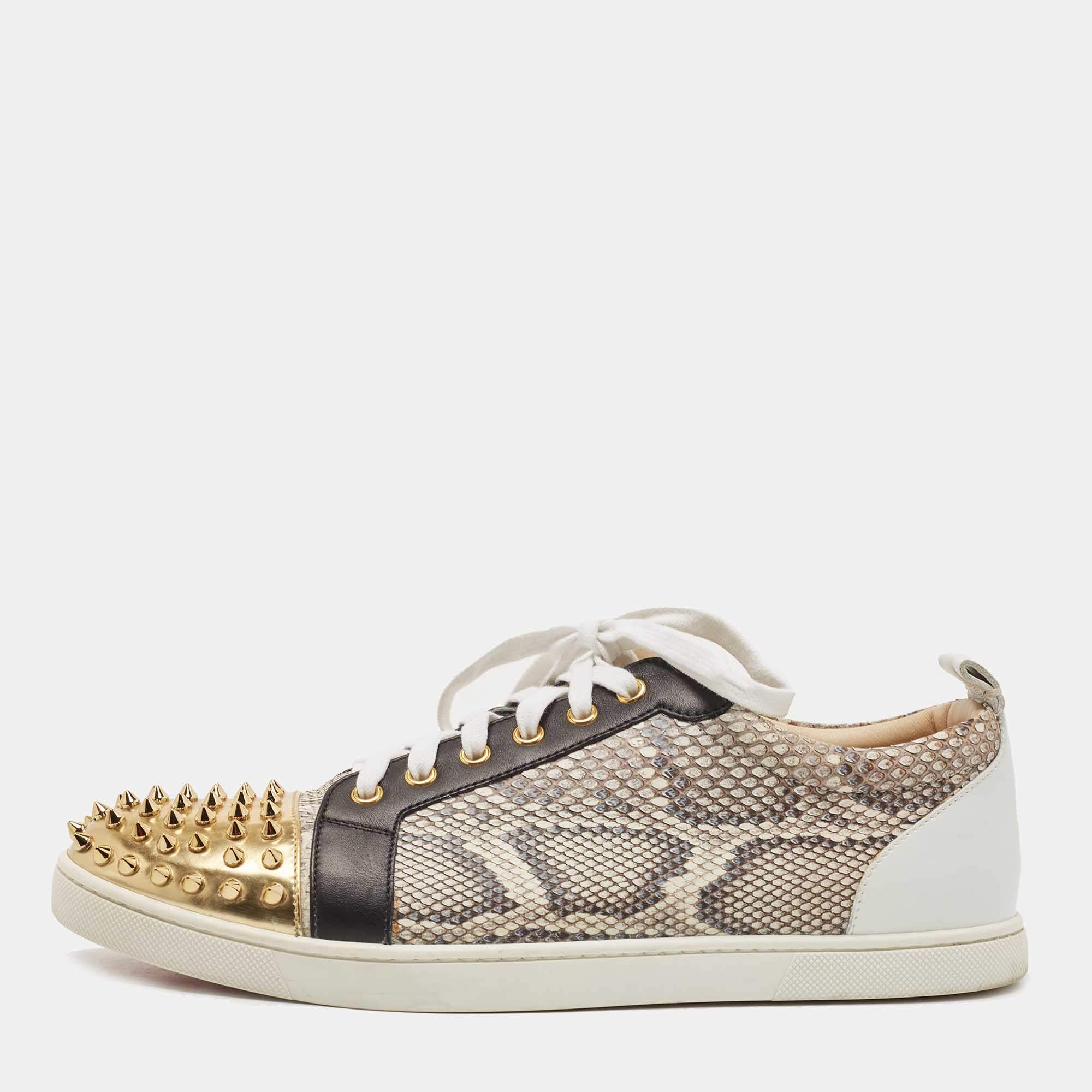 مملوكة مسبقًا Christian Louboutin Tricolor Snakeskin and Leather Louis Junior Spikes Sneakers Size 43