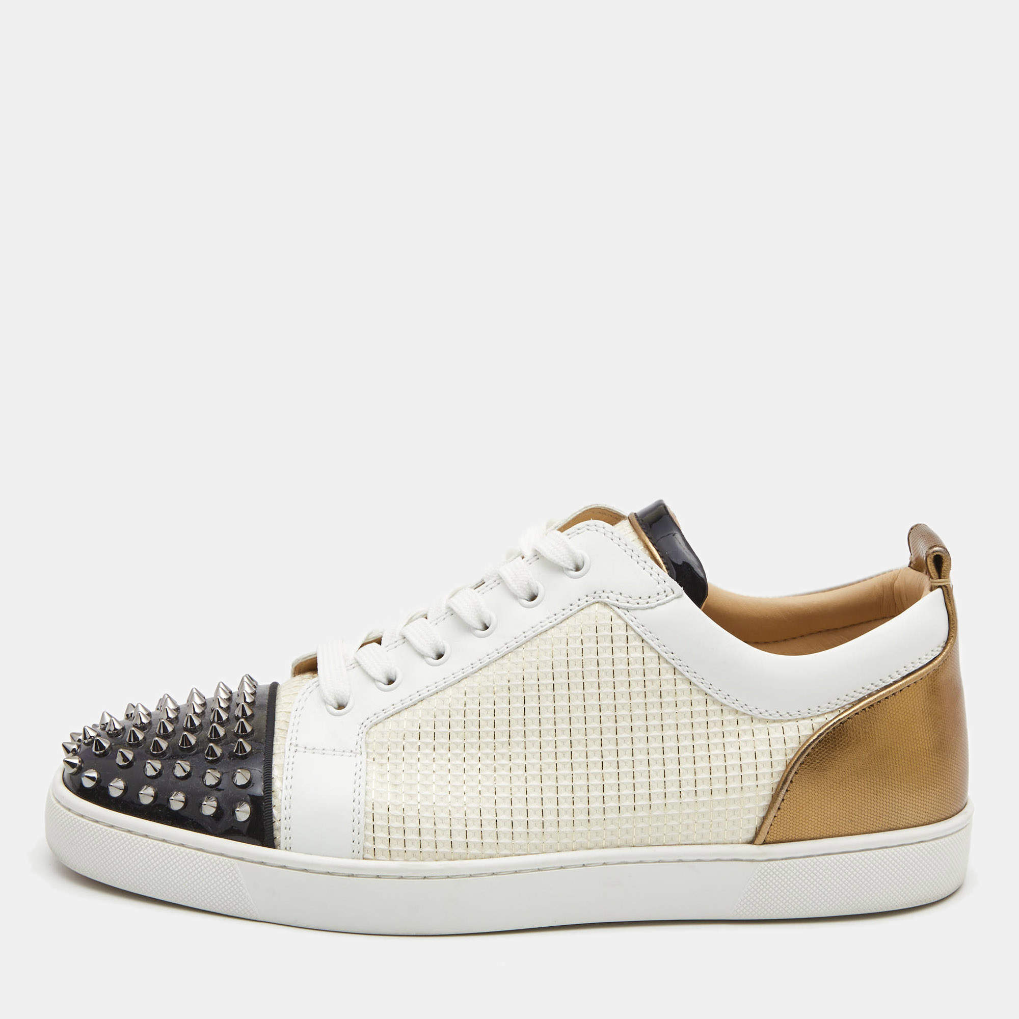 Christian Louboutin White Mesh Fabric and Leather Louis Junior Spikes Low  Top Sneakers Size 43.5 Christian Louboutin
