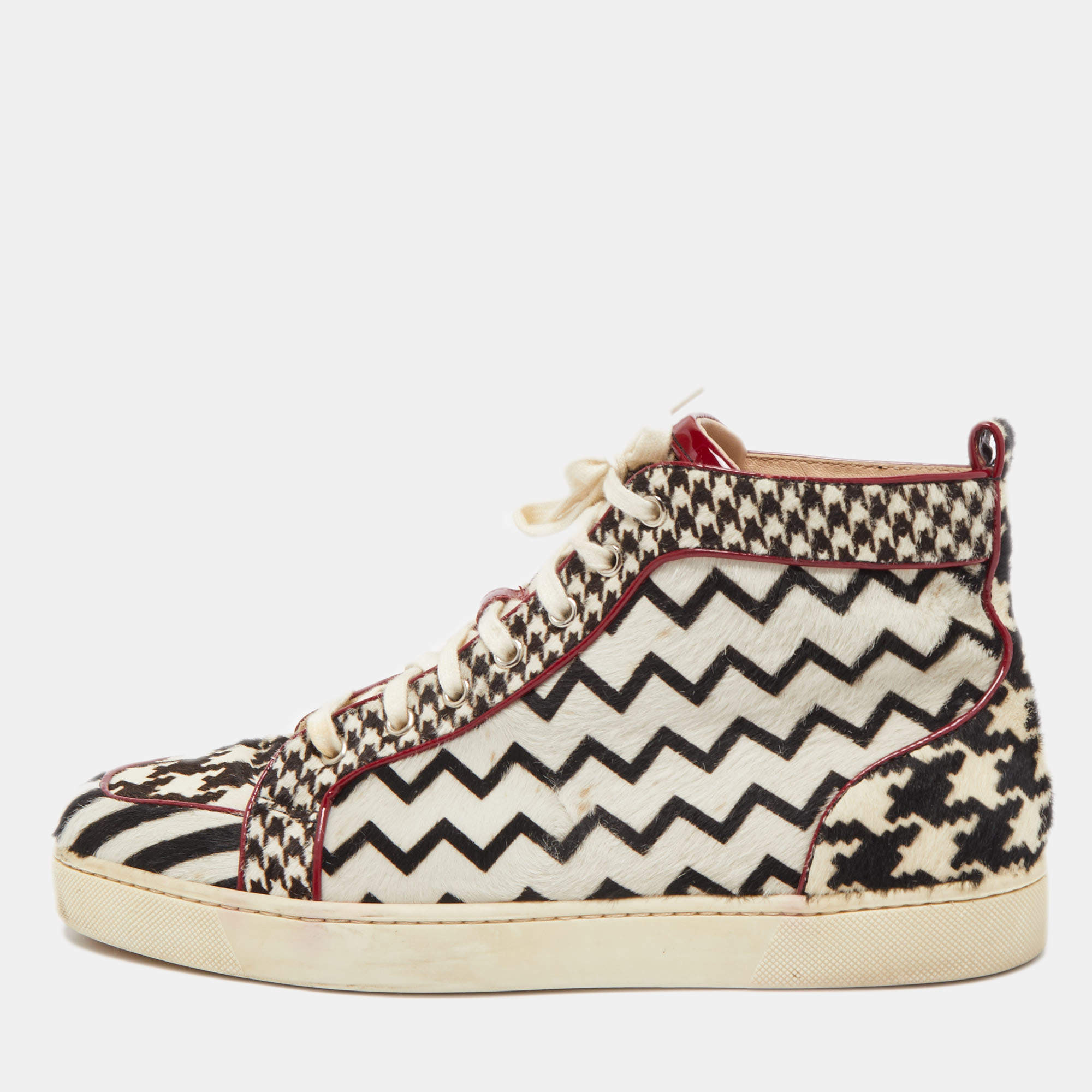مملوكة مسبقًا Christian Louboutin Black/White Printed Calf Hair Rantus Orlato High Top Sneakers Size 43