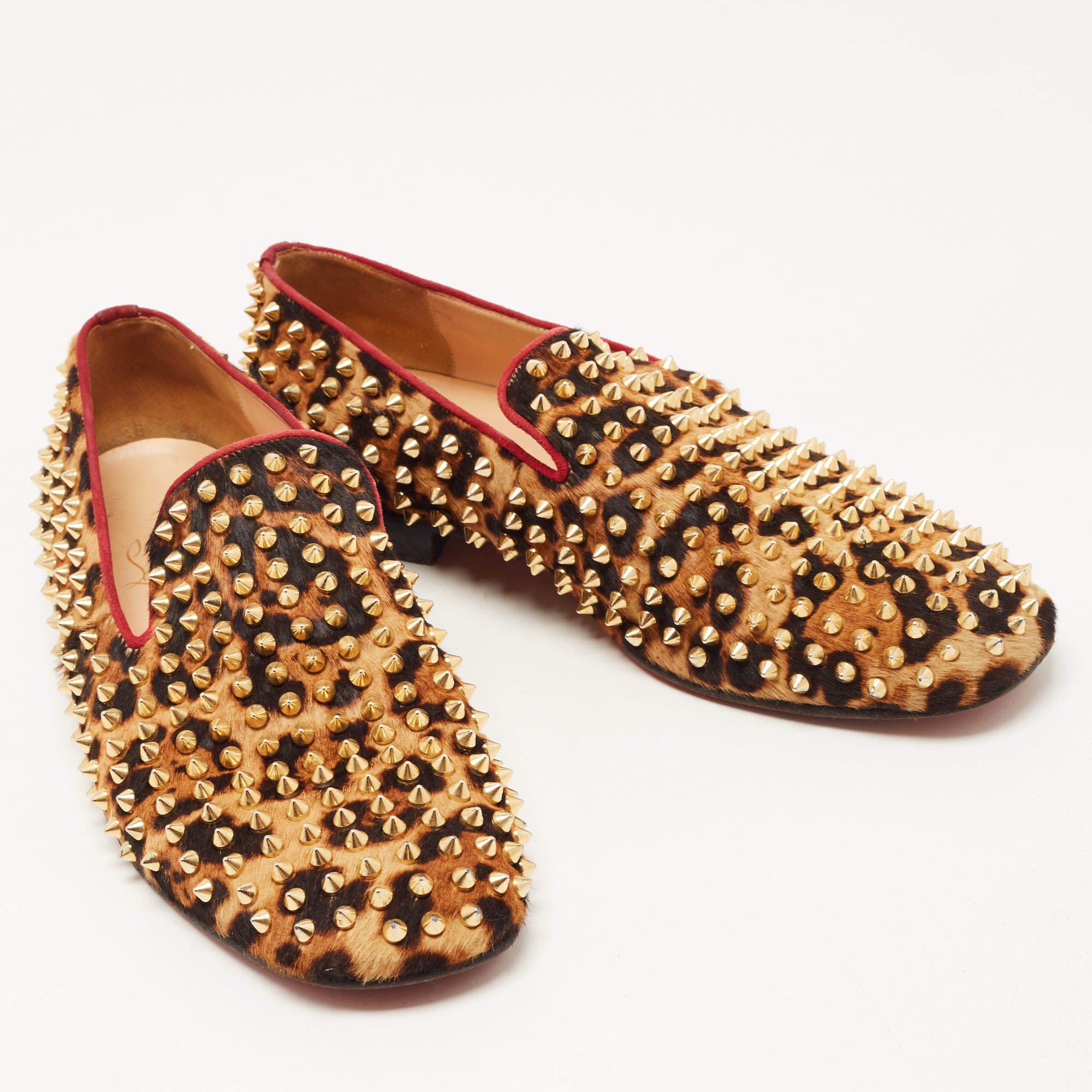 Christian Louboutin Beige/Black Leopard Print Calf Hair Spikes Slip On  Smoking Slippers Size 41.5 Christian Louboutin | The Luxury Closet