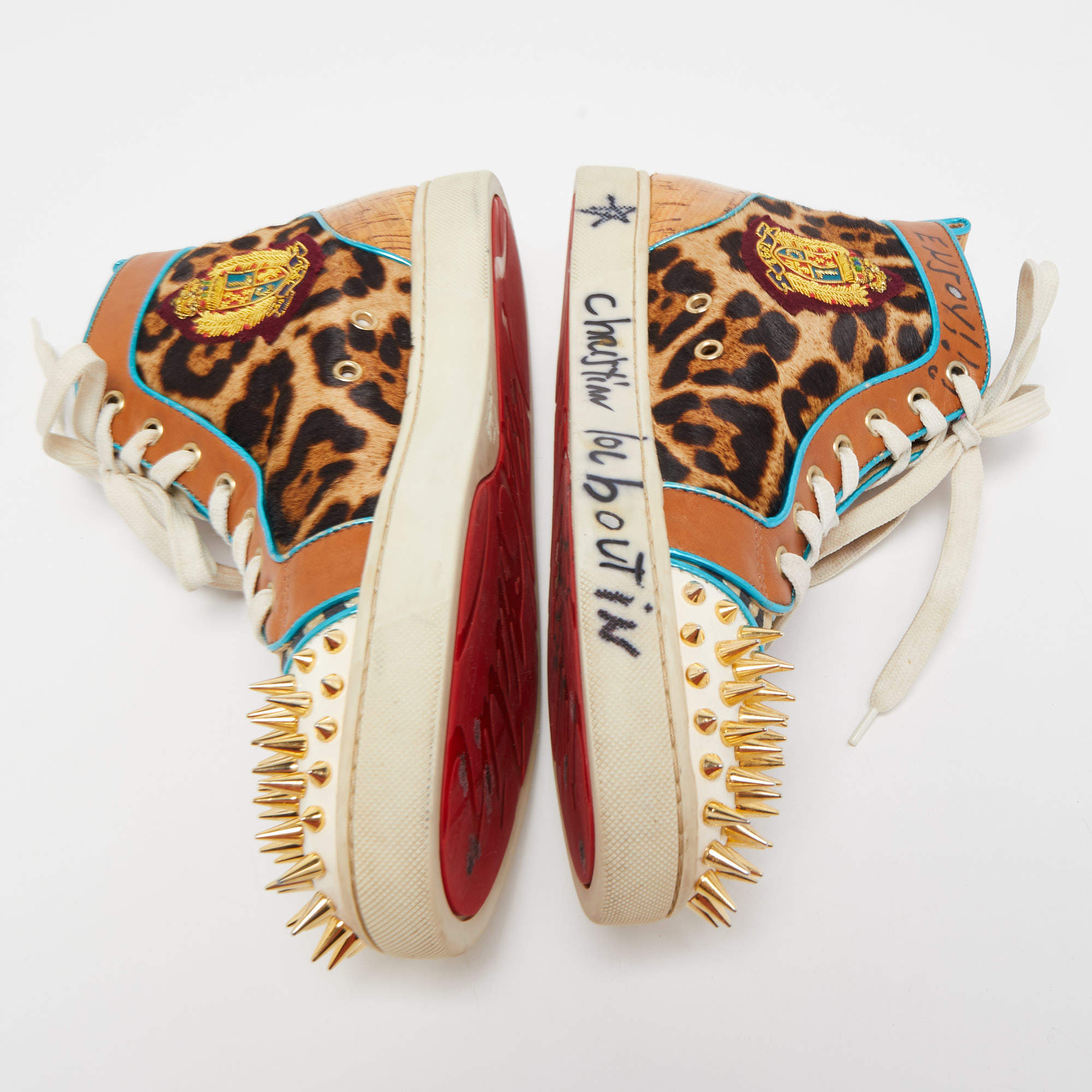 Christian Louboutin Metallic Bronze Leather and Leopard Lame Fabric Louis High  Top Sneakers Size 45 Christian Louboutin