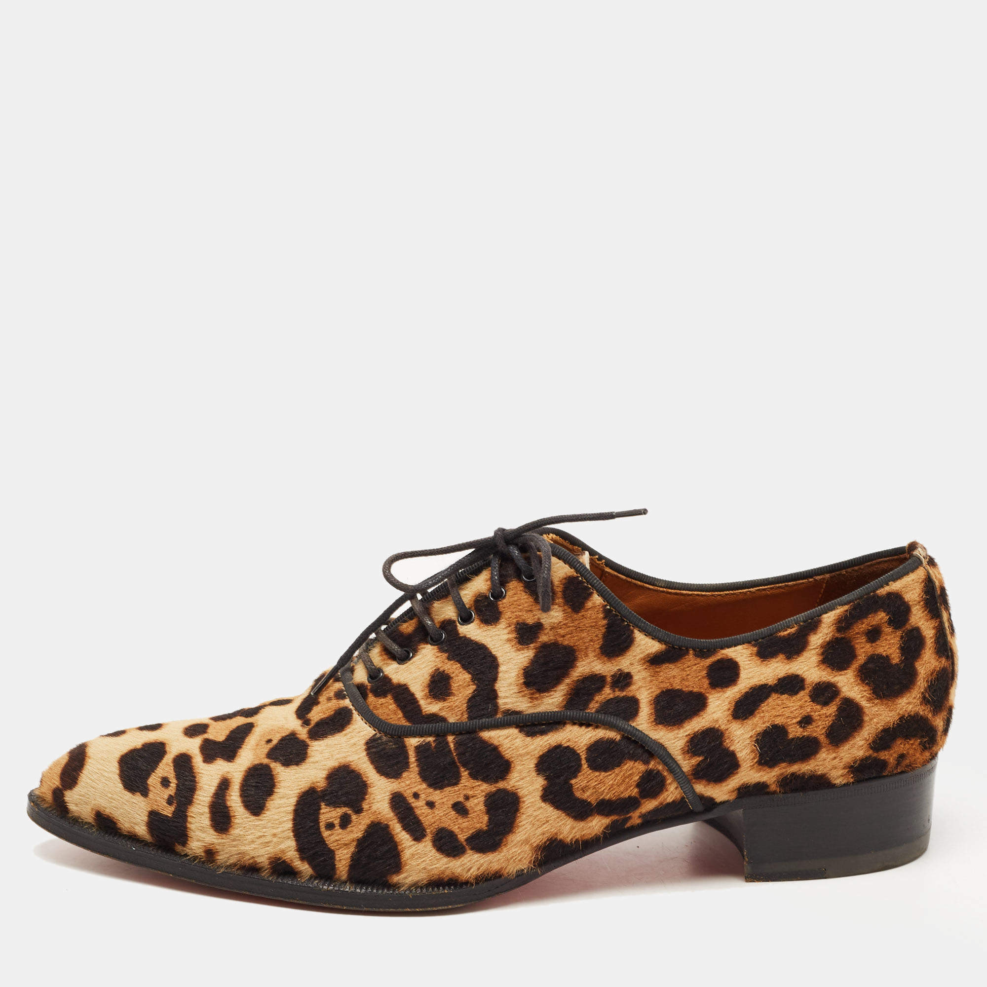 Christian Louboutin Brown/Beige Leopard Print Calf Hair Zazou Oxfords Size 41.5