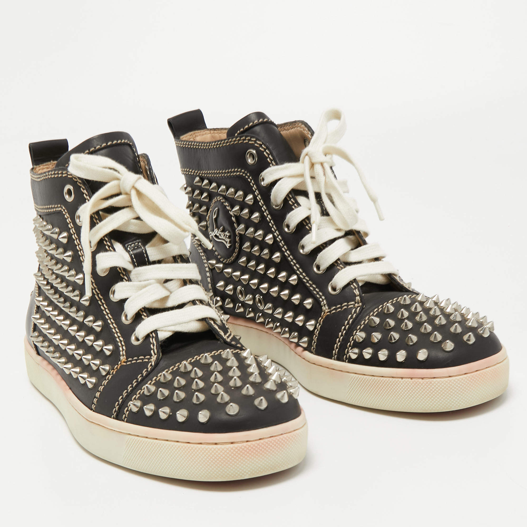 Christian Louboutin Louis Spikes Flat High Top Sneakers Black Leather 40  AUTH