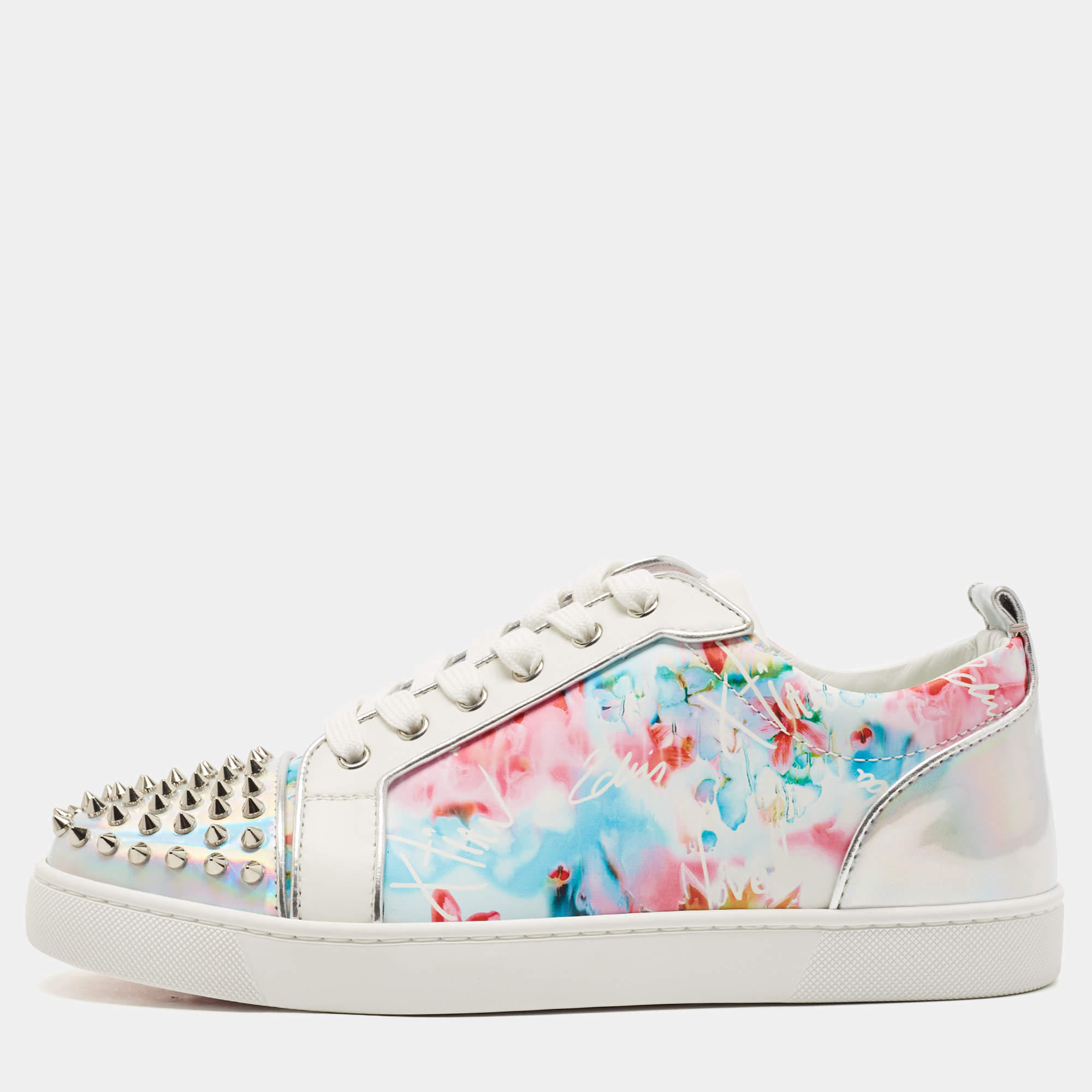 Christian Louboutin Multicolor Floral Print Leather and Laminated Leather Louis Spike Junior Low Top Sneakers Size 43