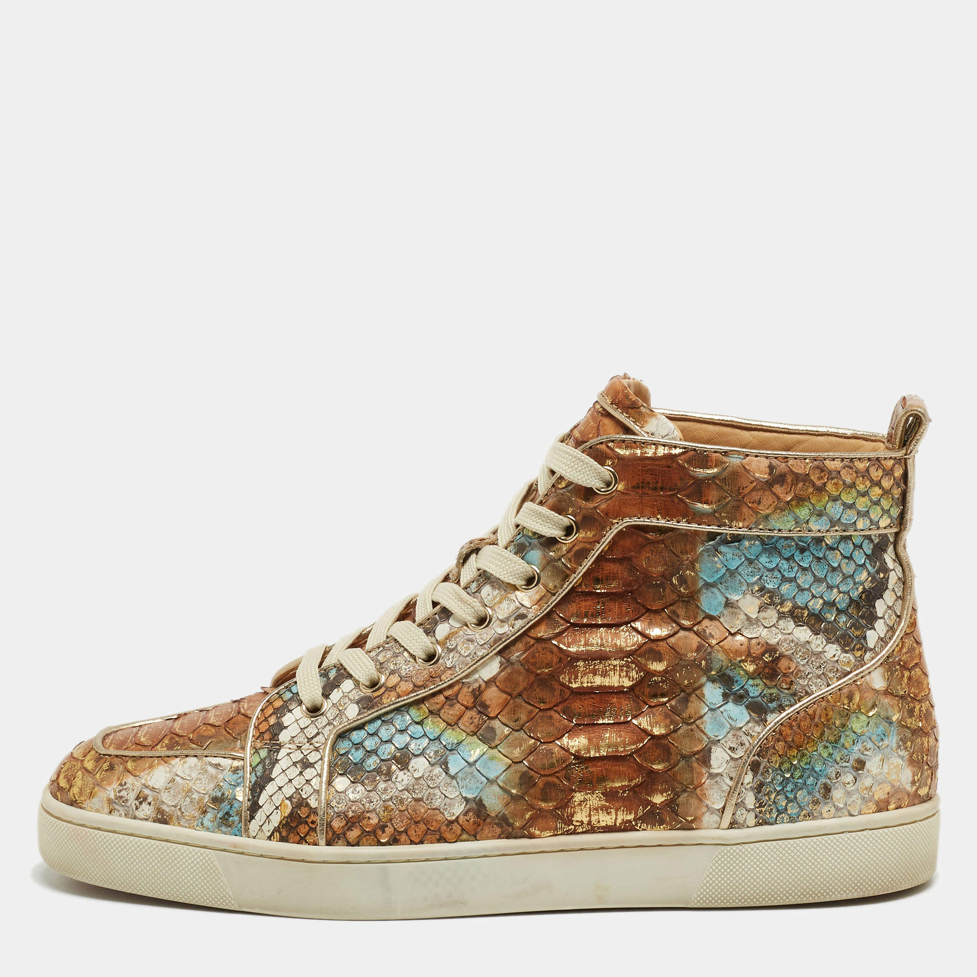 Pre Owned Christian Louboutin Metallic Mustard/Brown Python Leather Rantus Orlato High-Top Sneakers Size 45