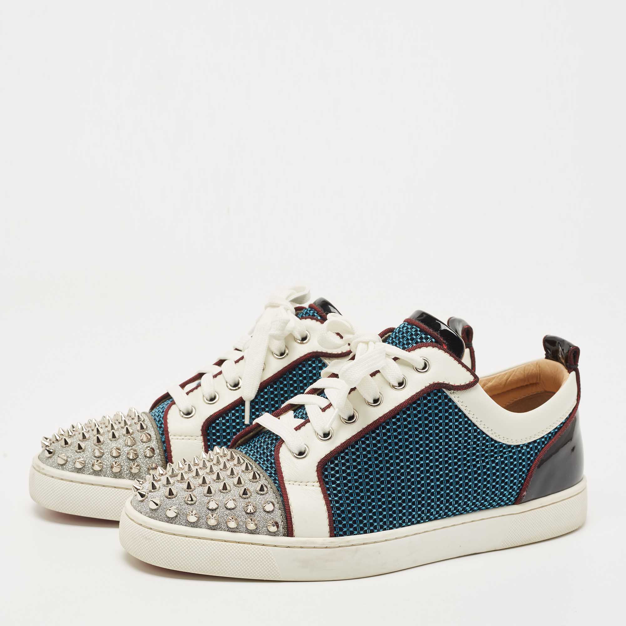 Christian Louboutin Multicolor Leather And Leopard Print Canvas Louis  Junior Spikes Sneakers Size 36 Christian Louboutin