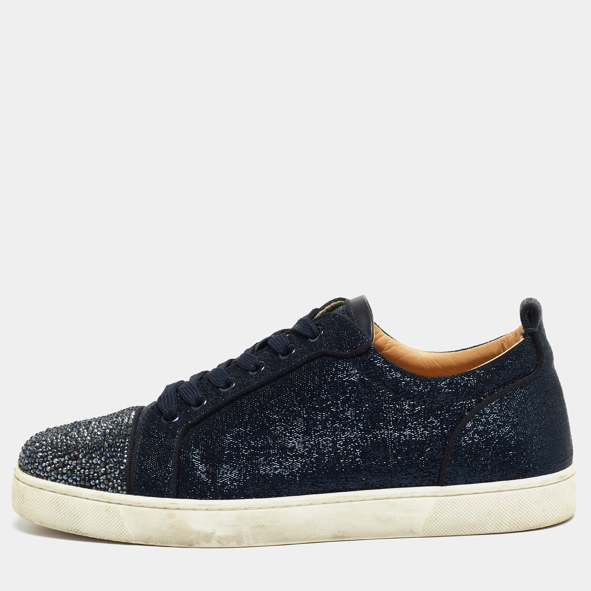 Pre Owned Christian Louboutin Navy Blue Lurex Fabric and Crystal Embellished Cap Toe Louis Junior Sneakers Size 42.5