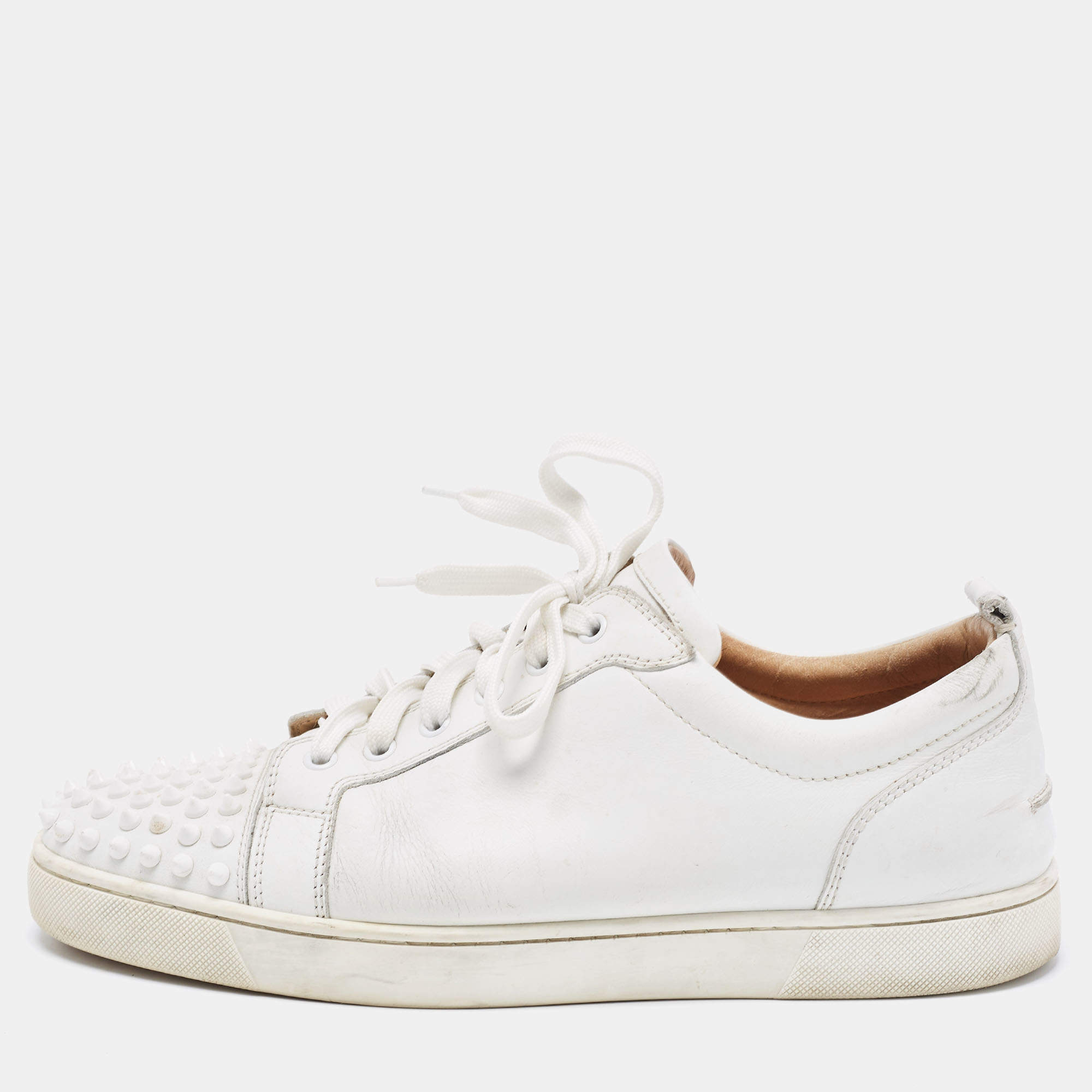 Christian Louboutin White Leather Louis Junior Spike Low Top Sneakers Size 43.5
