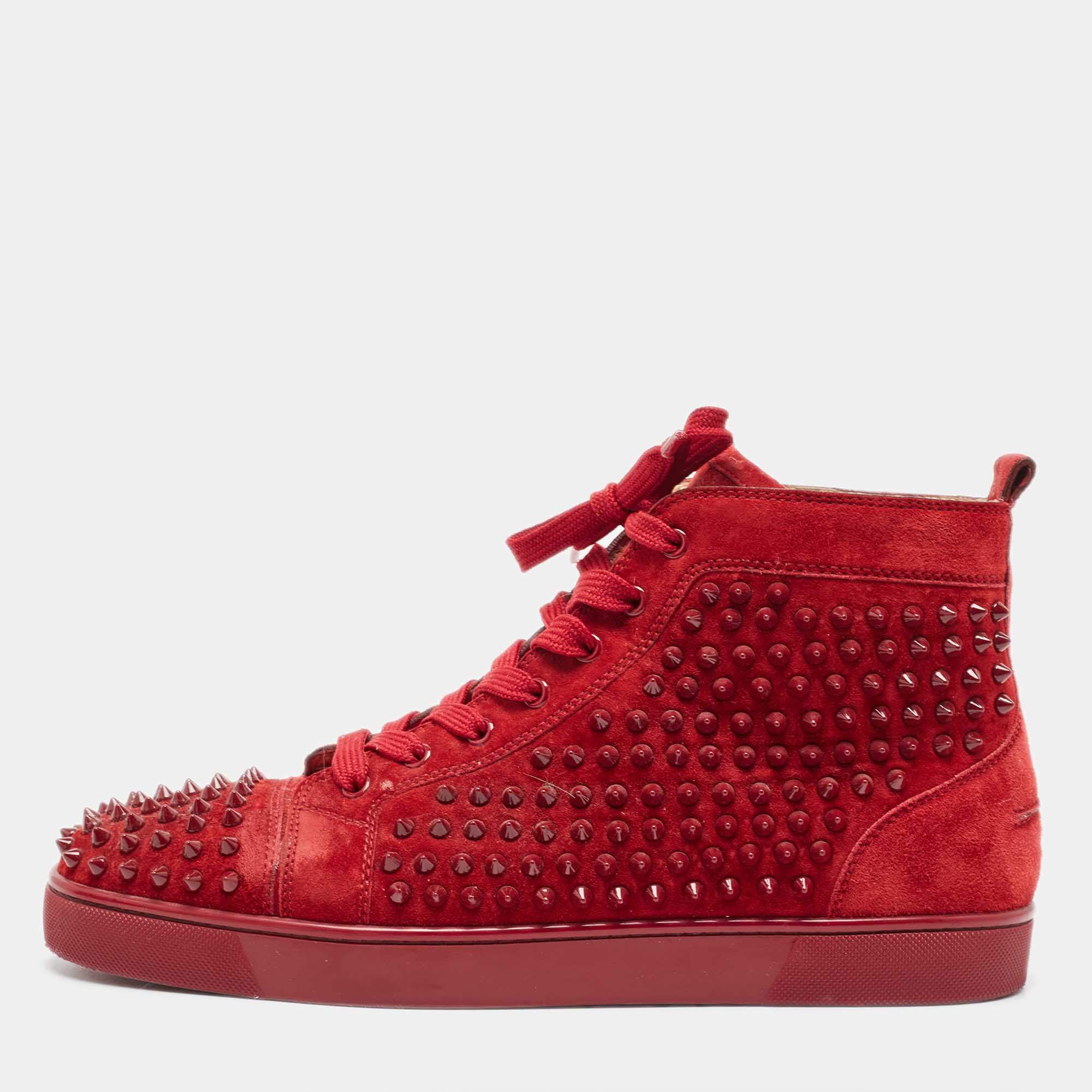 Christian Louboutin Burgundy Suede Louis Spikes Cap Toe High Top Sneakers Size 44.5