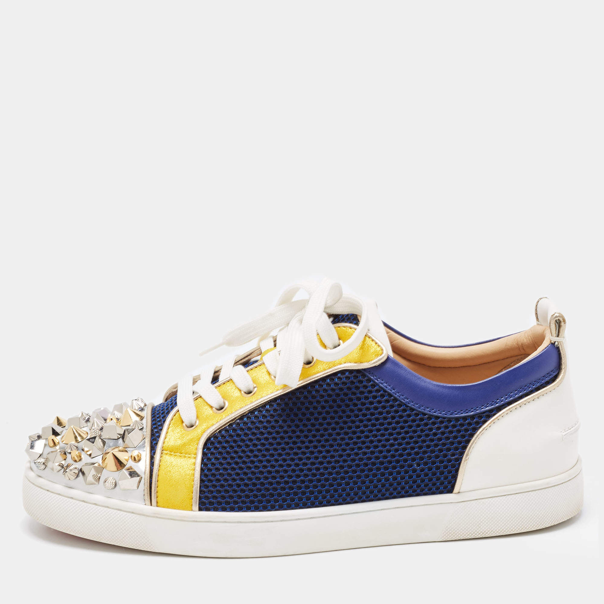 Pre Owned Christian Louboutin Multicolor Mesh and Leather Louis Junior Spikes Sneakers Size 43.5