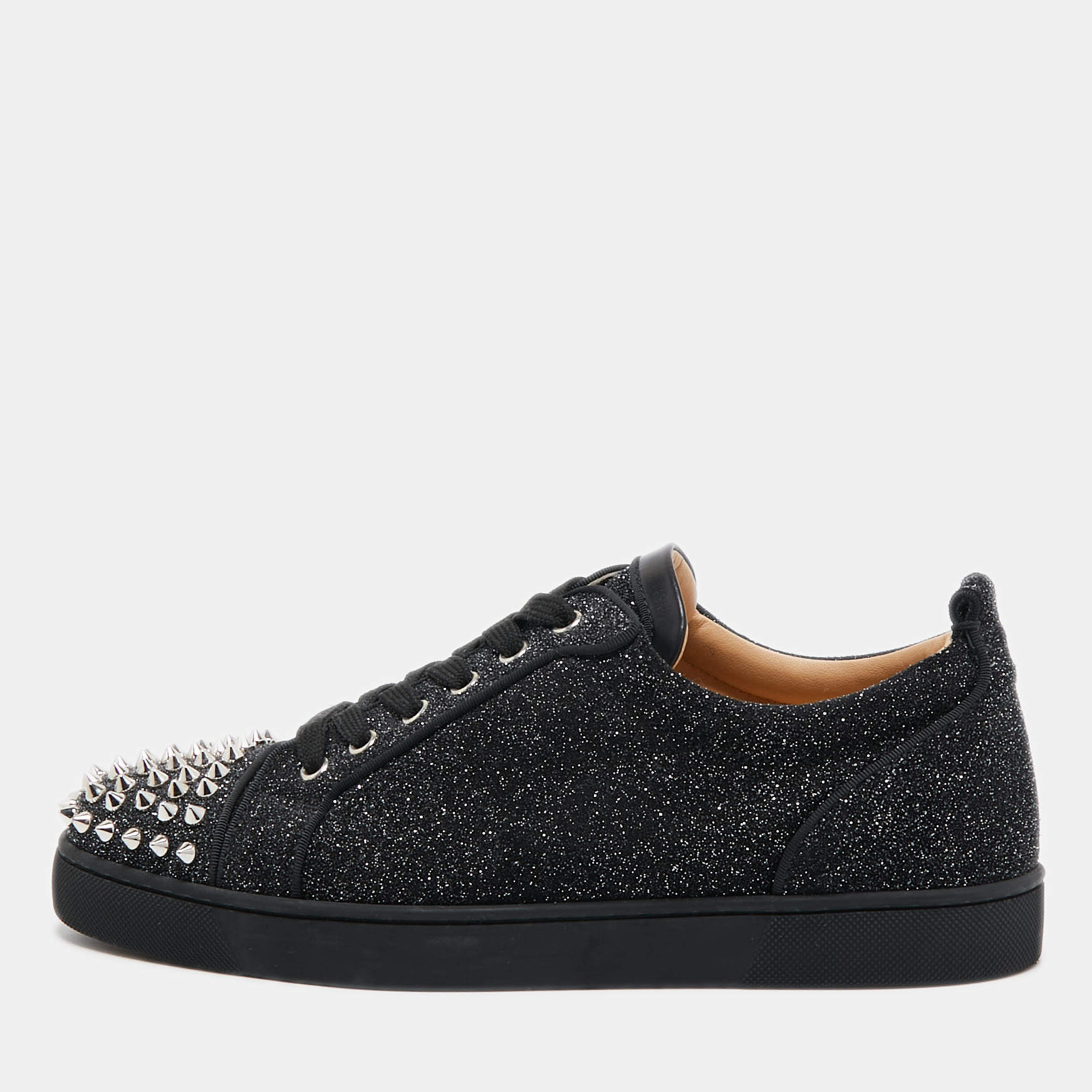 Christian Louboutin Black/Silver Glitter Louis Junior Pik Pik Spike Toe Low Top Sneakers Size 42